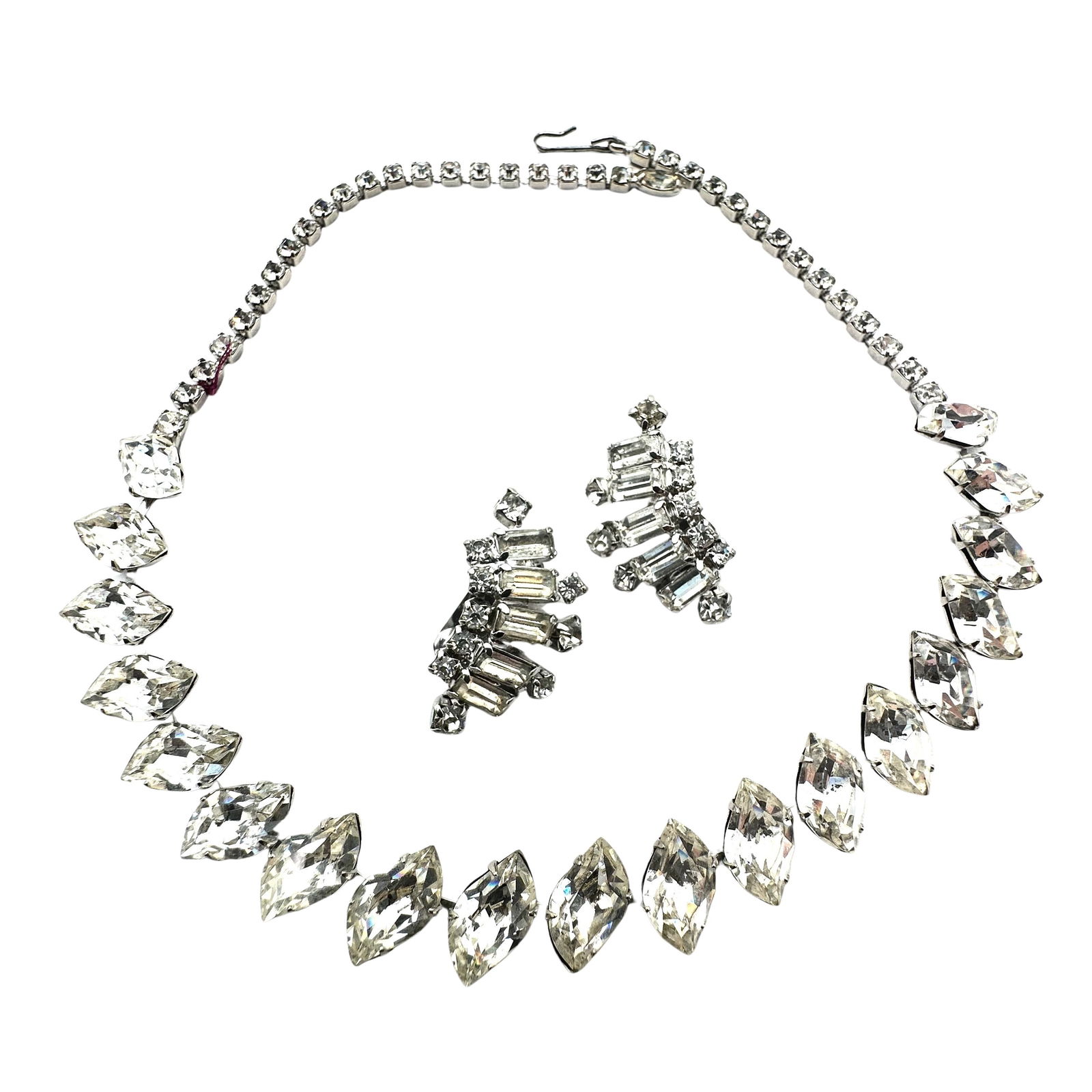 Vintage Clear Glass Rhinestone Silver Tone Necklace 16 Inch and Clip Earrings: Vintage Clear Glass Rhinestone Silver Tone Necklace 16 Inch and Clip Earrings