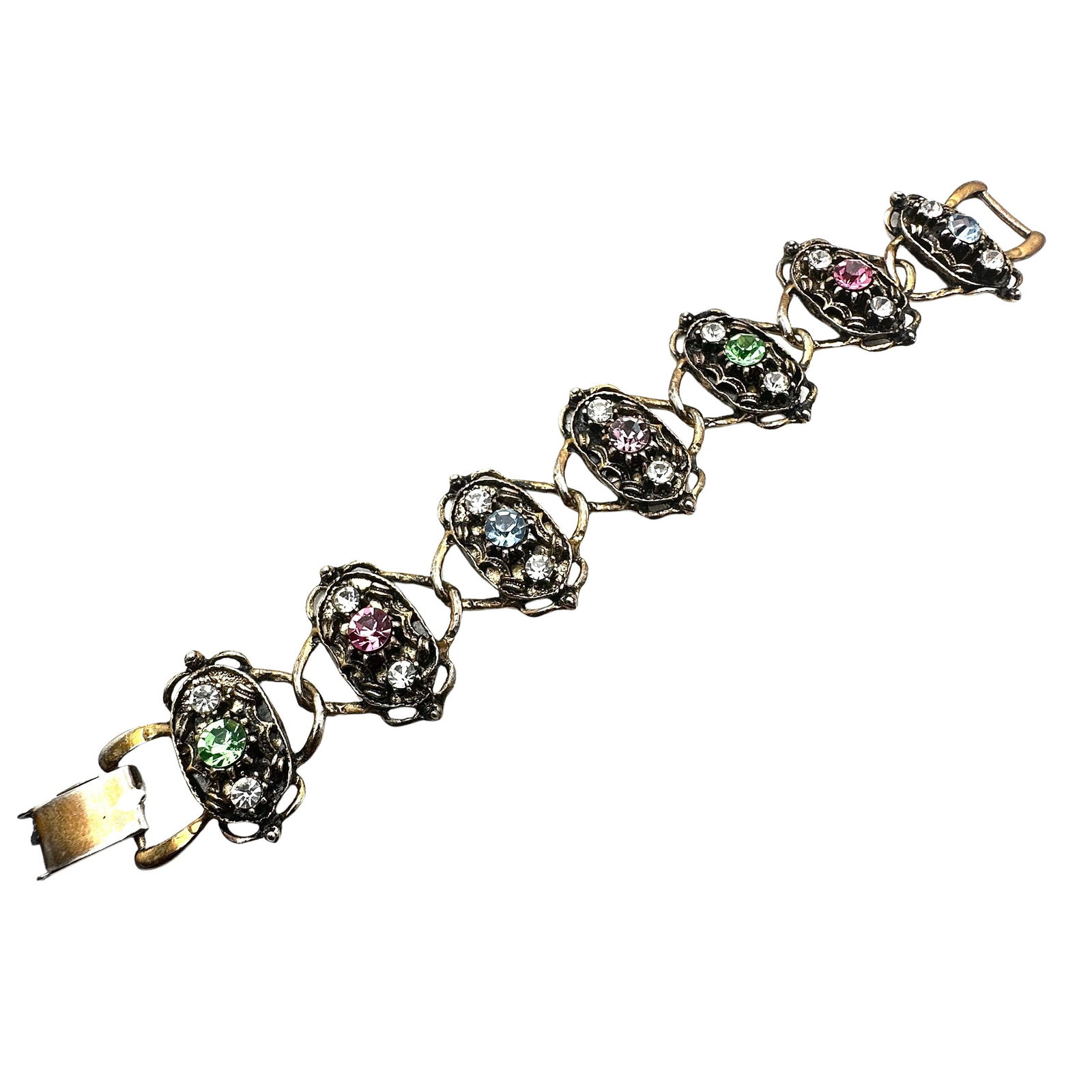 Vintage Multicolor Glass Rhinestone Gold Tone Bracelet 7.5 Inch (1 of 2)
