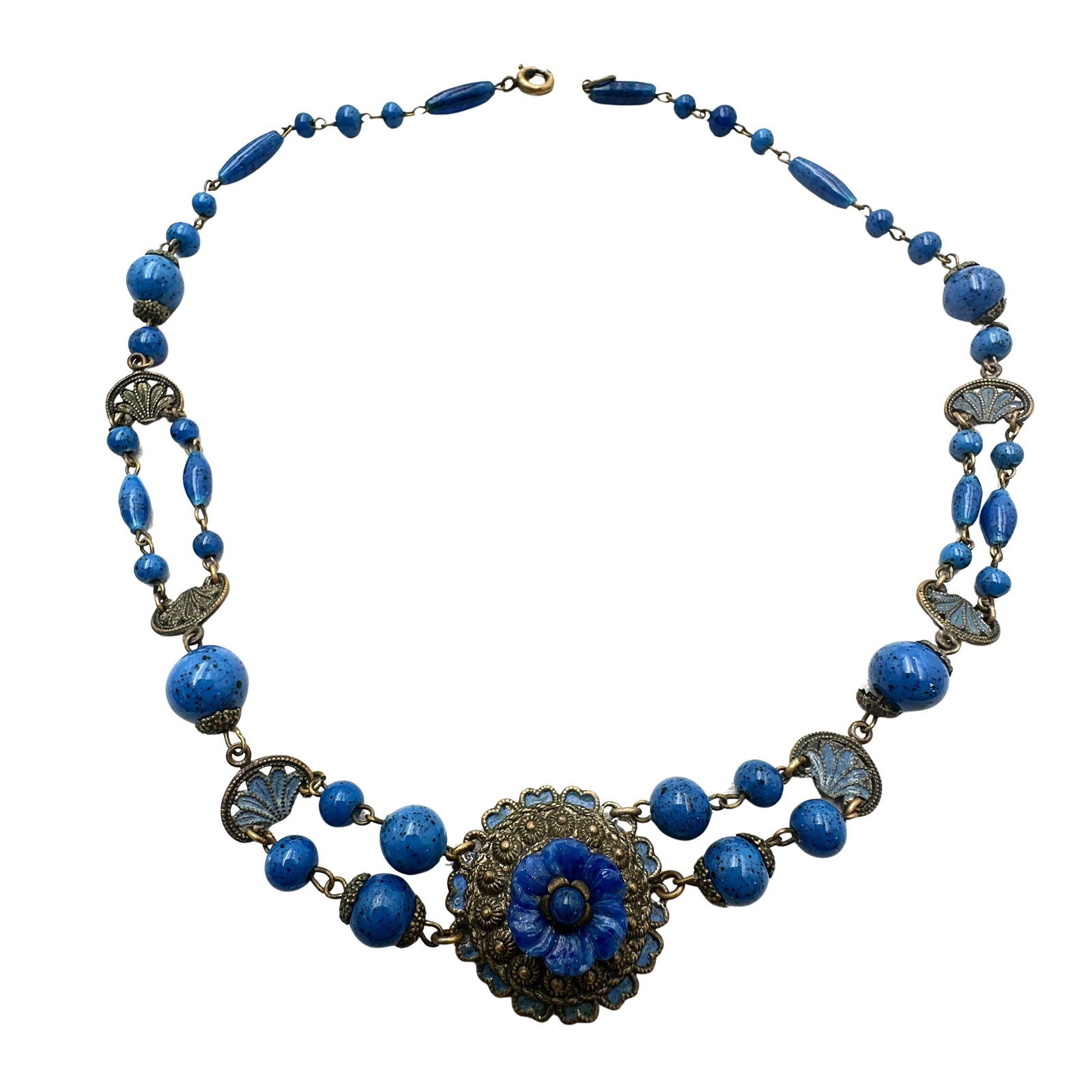 Antique Blue Czech Glass Enamel Antiqued Gold Tone Necklace 15 Inch: Antique Blue Czech Glass Enamel Antiqued Gold Tone Necklace 15 Inch