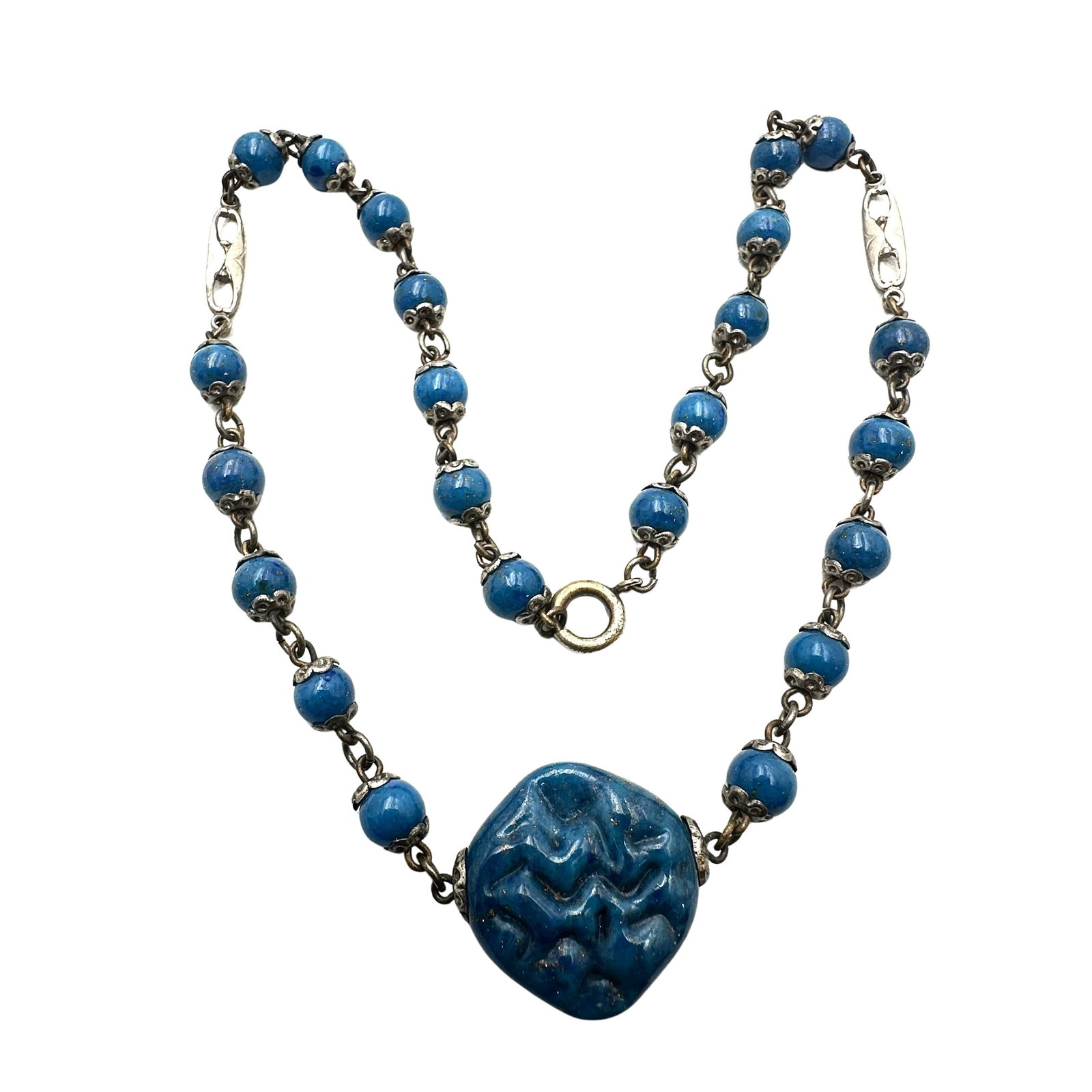 Antique Blue Czech Glass Antiqued Gold Tone Necklace 15 Inch: Antique Blue Czech Glass Antiqued Gold Tone Necklace 15 Inch
