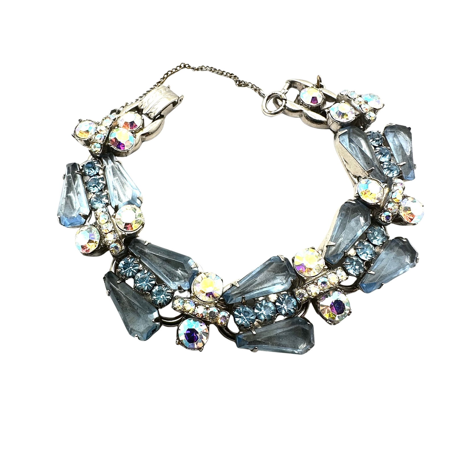 Vintage Juliana Blue Aurora Borealis Glass Rhinestone Silver Tone 7.5 Inch 5 Link Bracelet (1 of 2)