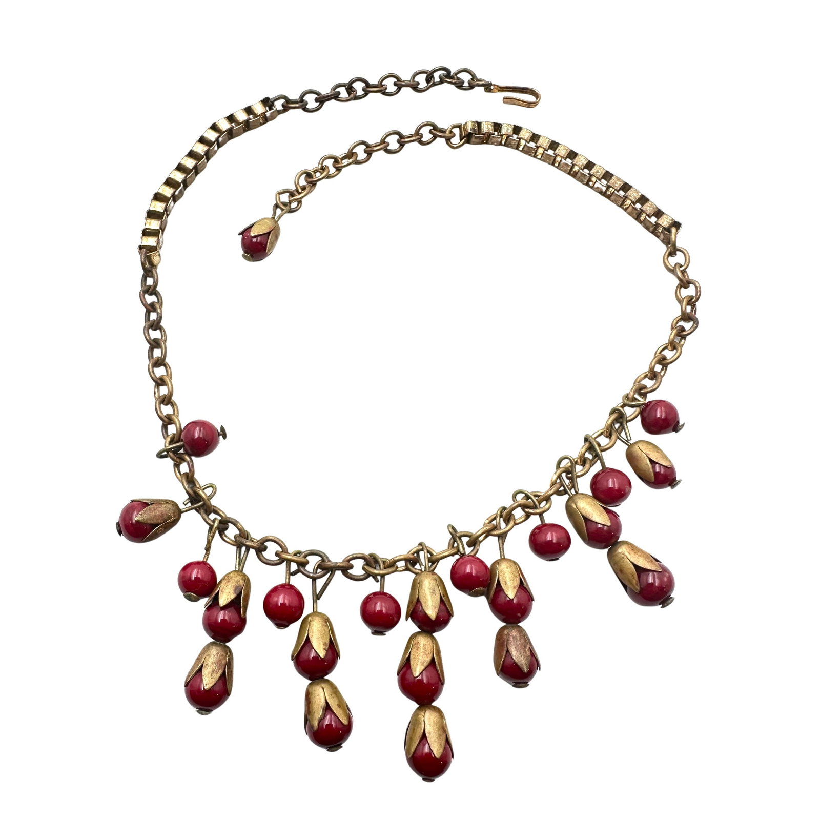 Vintage Red Czech Glass Antiqued Gold Tone Necklace 16 Inch: Vintage Red Czech Glass Antiqued Gold Tone Necklace 16 Inch
