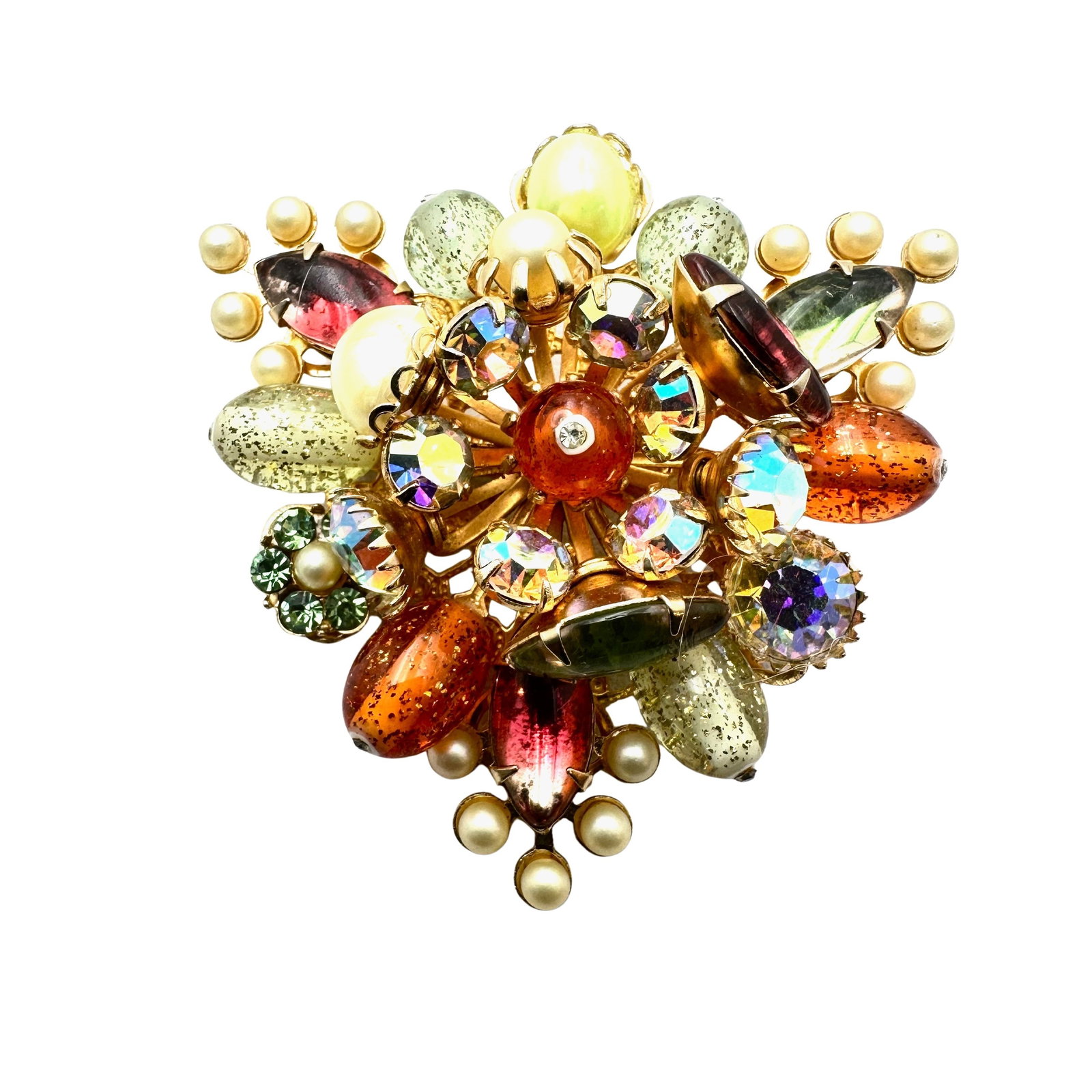 Vintage Orange Green Glass Rhinestone Faux Pearl Gold Tone Brooch Pin 2.5 Inch: Vintage Orange Green Glass Rhinestone Faux Pearl Gold Tone Brooch Pin 2.5 Inch
