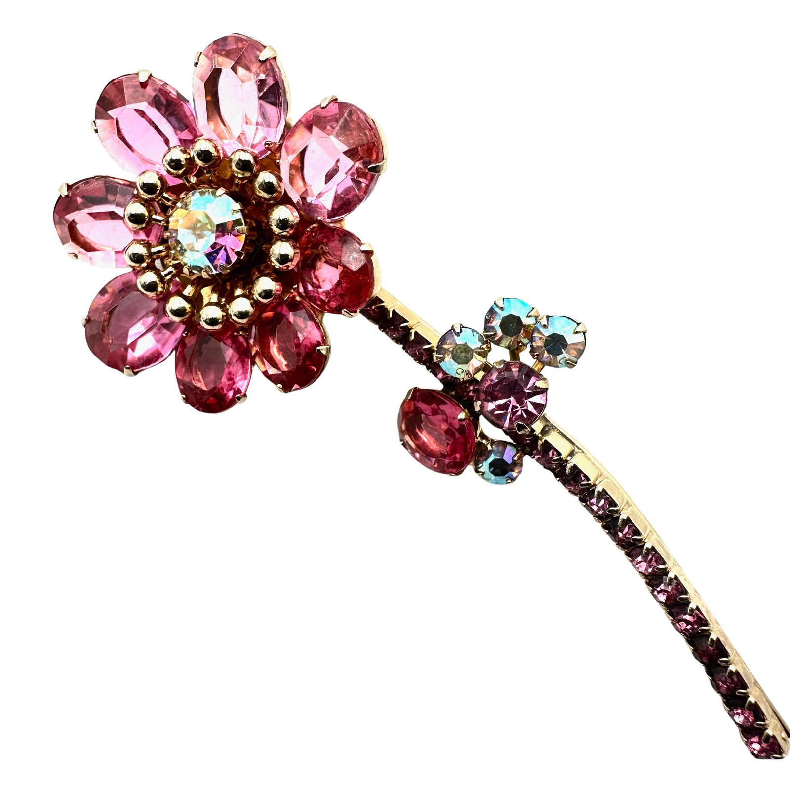 Vintage Unsigned Pink Glass Rhinestone Flower Gold Tone Brooch Pin 3.5 Inch (1 of 2)
