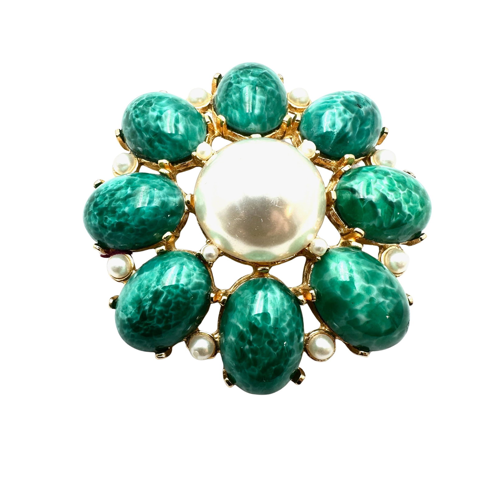 Vintage Green Peking Glass Faux Pearl Gold Tone Brooch Pin 2.5 Inch Heavy Quality: Vintage Green Peking Glass Faux Pearl Gold Tone Brooch Pin 2.5 Inch Heavy Quality