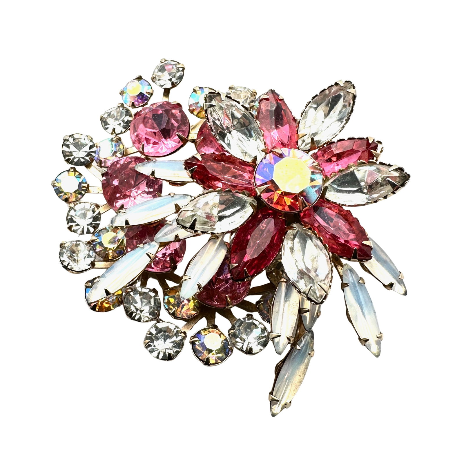 Vintage Pink Aurora Borealis Glass Rhinestone Gold Tone Brooch Pin 2.75 Inch: Vintage Pink Aurora Borealis Glass Rhinestone Gold Tone Brooch Pin 2.75 Inch