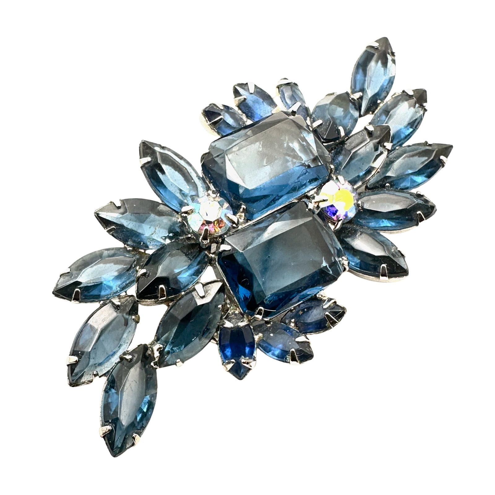Vintage High End Blue Glass Rhinestone Silver Tone Brooch Pin 3.25 Inch: Vintage High End Blue Glass Rhinestone Silver Tone Brooch Pin 3.25 Inch