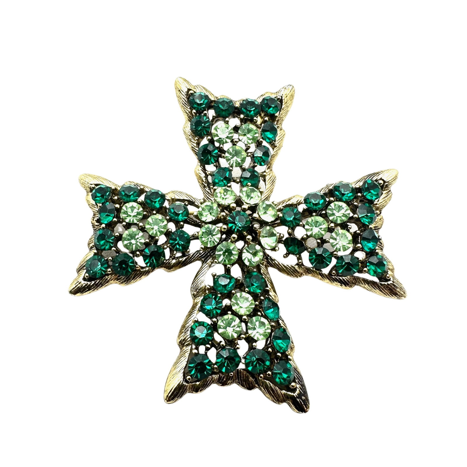 Vintage Weiss Green Glass Rhinestone Gold Tone Maltese Cross Brooch Pin 2.5 Inch: Vintage Weiss Green Glass Rhinestone Gold Tone Maltese Cross Brooch Pin 2.5 Inch