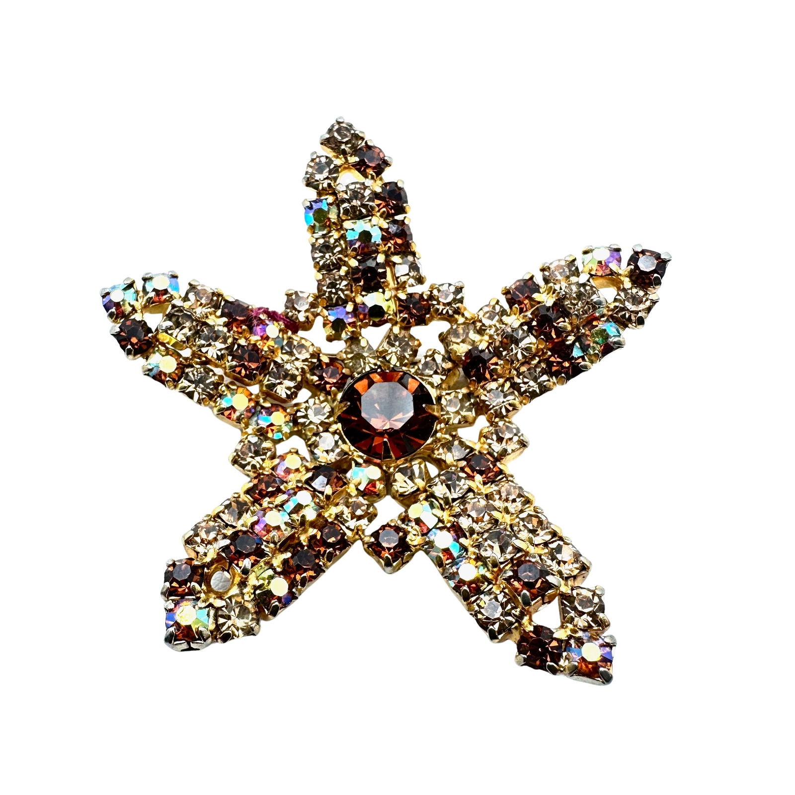 Vintage Amber Glass Rhinestone Flower Gold Tone Brooch Pin 2.5 Inch: Vintage Amber Glass Rhinestone Flower Gold Tone Brooch Pin 2.5 Inch