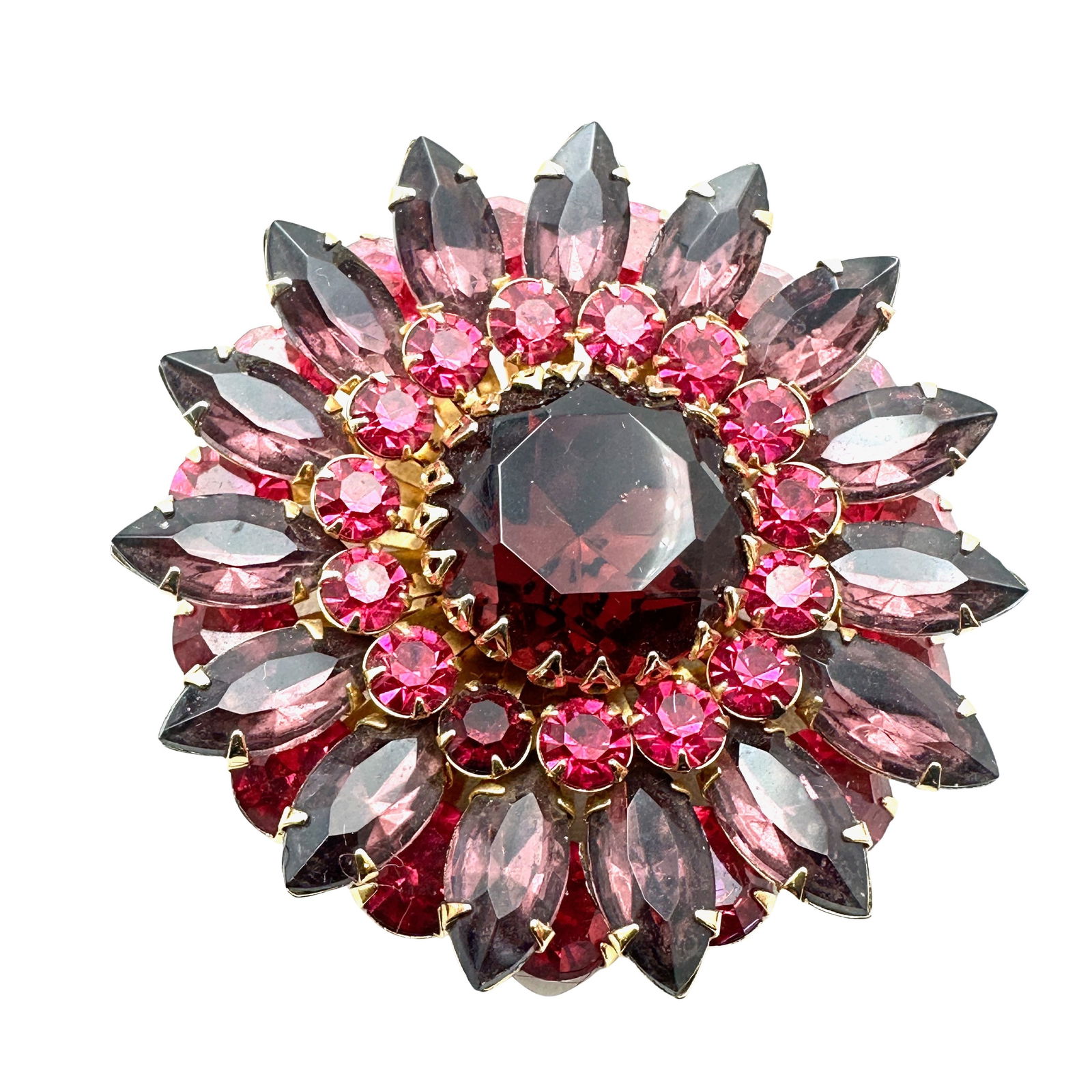 Stunning Vintage Judy Lee Double Layer Pink Purple Glass Rhinestone Gold Tone Brooch Pin 2 Inch (1 of 2)