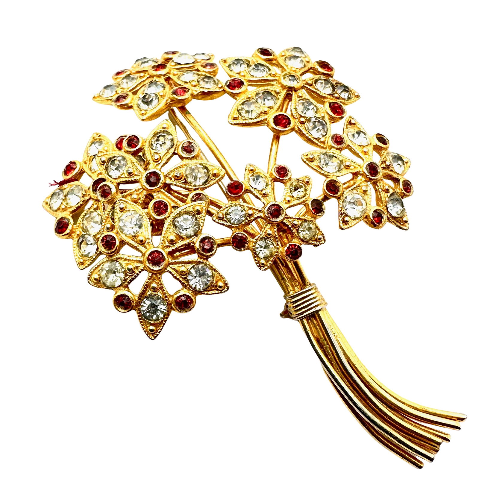 Vintage Clear And Red Glass Rhinestone Gold Tone Flower Brooch Pin 3.25 Inch (1 of 2)