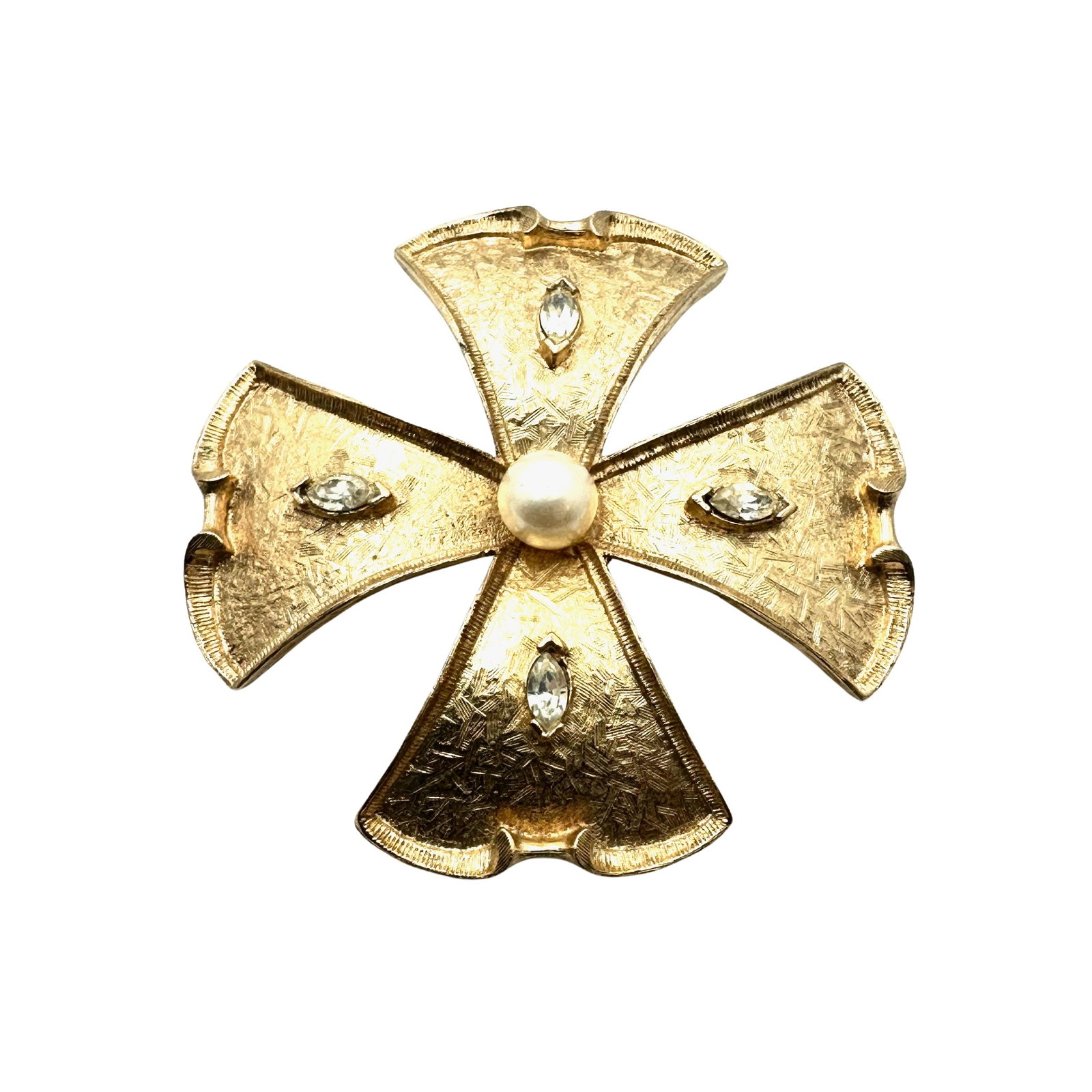 Vintage Clear Rhinestone Faux Pearl Gold Tone Maltese Cross Brooch Pin 2.5 Inch: Vintage Clear Rhinestone Faux Pearl Gold Tone Maltese Cross Brooch Pin 2.5 Inch