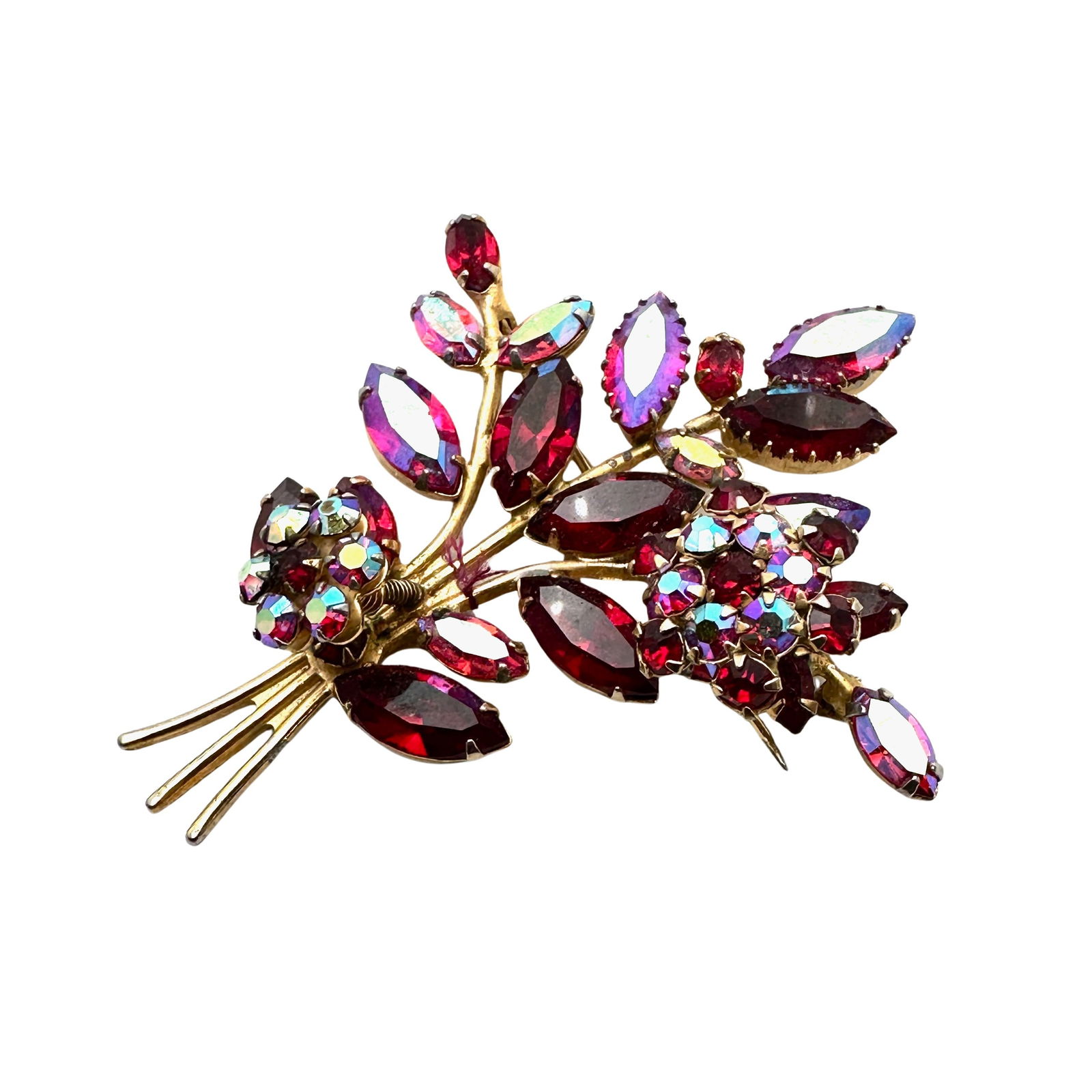 Vintage Denbe' Red Glass Rhinestone Trembler Flower Gold Tone Brooch Pin 3 Inch (1 of 2)