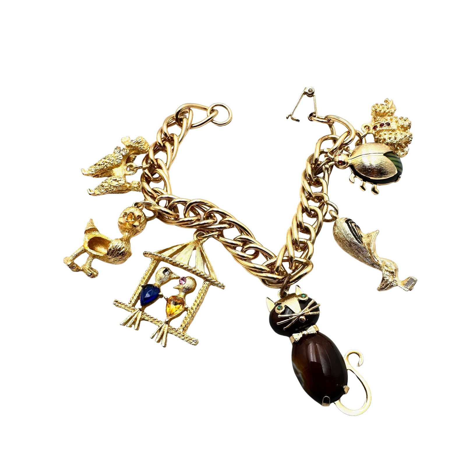 Vintage Charm Bracelet 7 Inch Gold Tone Cat Elephant Bug Birds: Vintage Charm Bracelet 7 Inch Gold Tone Cat Elephant Bug Birds