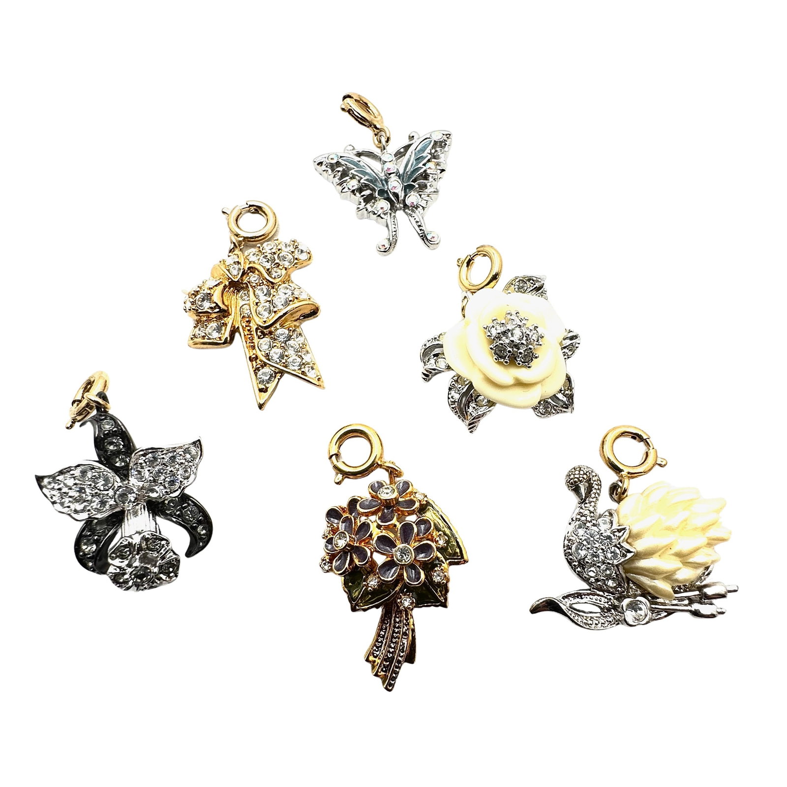 Vintage Group of Nolan Miller Charms Flowers Swan Butterfly Silver And Gold Tone: Vintage Group of Nolan Miller Charms Flowers Swan Butterfly Silver And Gold Tone