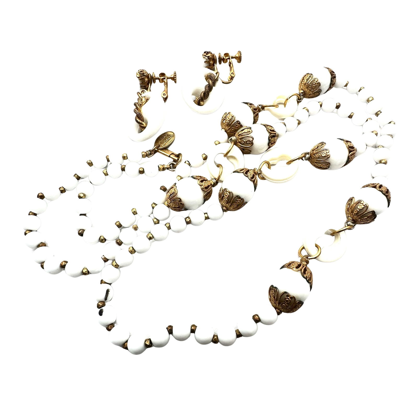 Vintage Miriam Haskell White Glass Gold Tone Necklace and Clip Earrings Set: Vintage Miriam Haskell White Glass Gold Tone Necklace and Clip Earrings Set