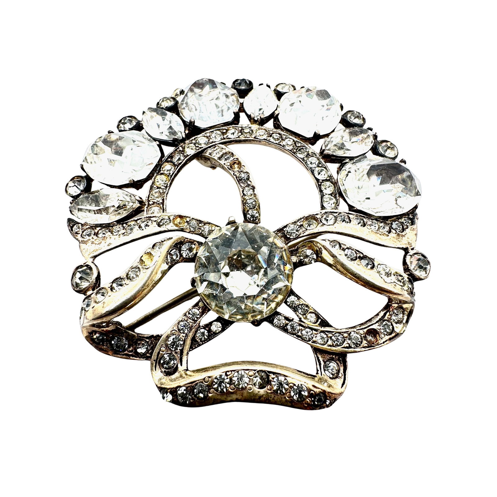 Vintage Eisenberg Originals Clear Glass Rhinestone 3 Inch Silver Pot Metal Brooch Pin (1 of 2)