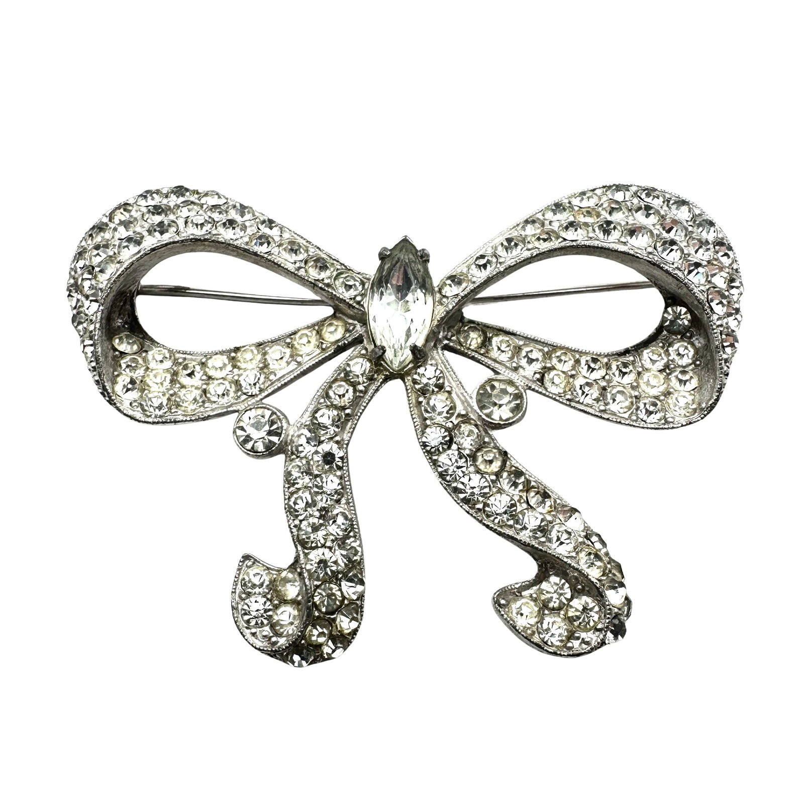 Vintage Clear Glass Rhinestone Silver Pot Metal Large 3 Inch Brooch Pin: Vintage Clear Glass Rhinestone Silver Pot Metal Large 3 Inch Brooch Pin