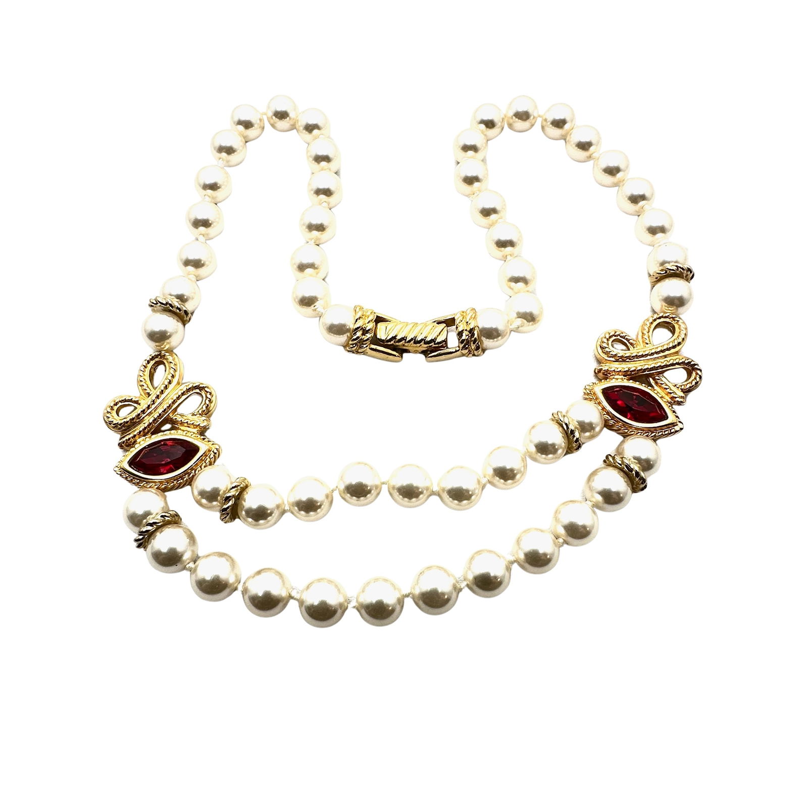 Vintage Swarovski Swan Hallmark Red Crystal Glass Pearl Necklace 16 Inch: Vintage Swarovski Swan Hallmark Red Crystal Glass Pearl Necklace 16 Inch