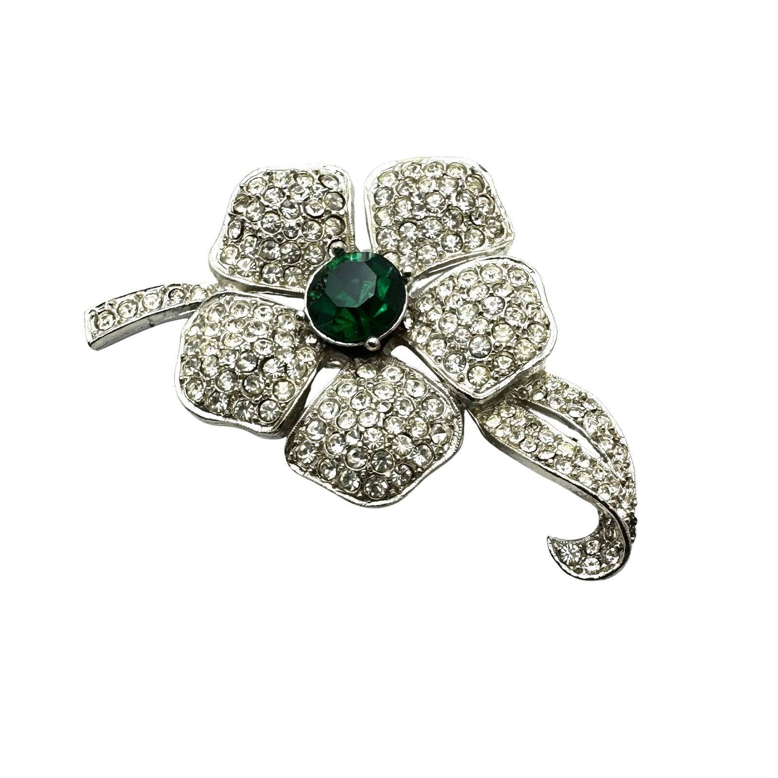 Vintage Emerald Green Glass Rhinestone Silver Tone Flower Brooch Pin 2.5 Inch (1 of 2)