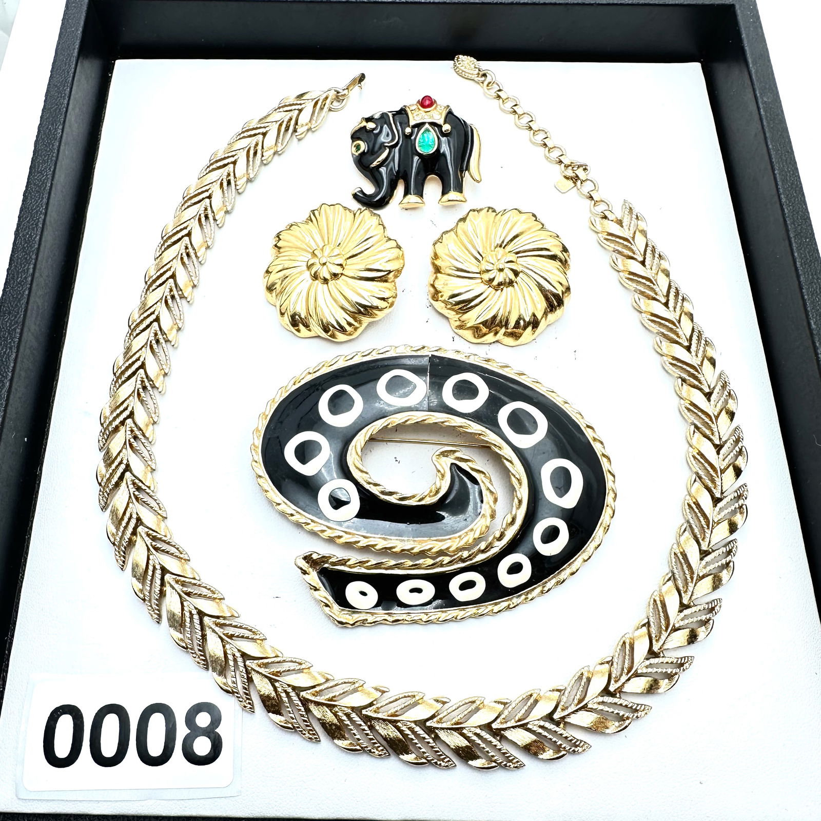 Jewelry Group Lot Monet Gold Tone Necklace & Clip Earrings Enamel Rhinestone Elephant Brooch Large (1 of 2)