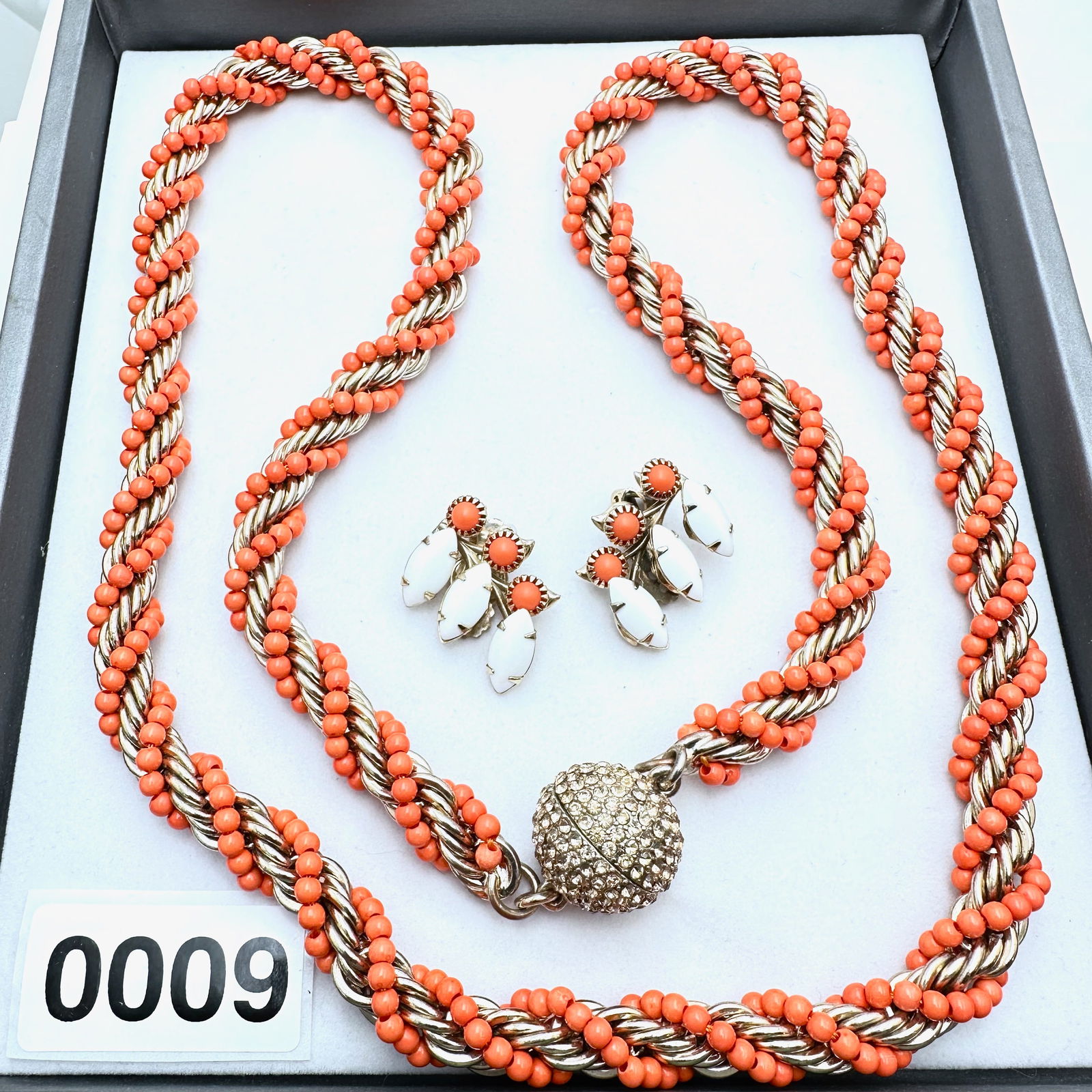 Jewelry Group Lot Faux Coral Glass Bead Gold Tone necklace White Milk Glass Clip Earrings (1 of 2)