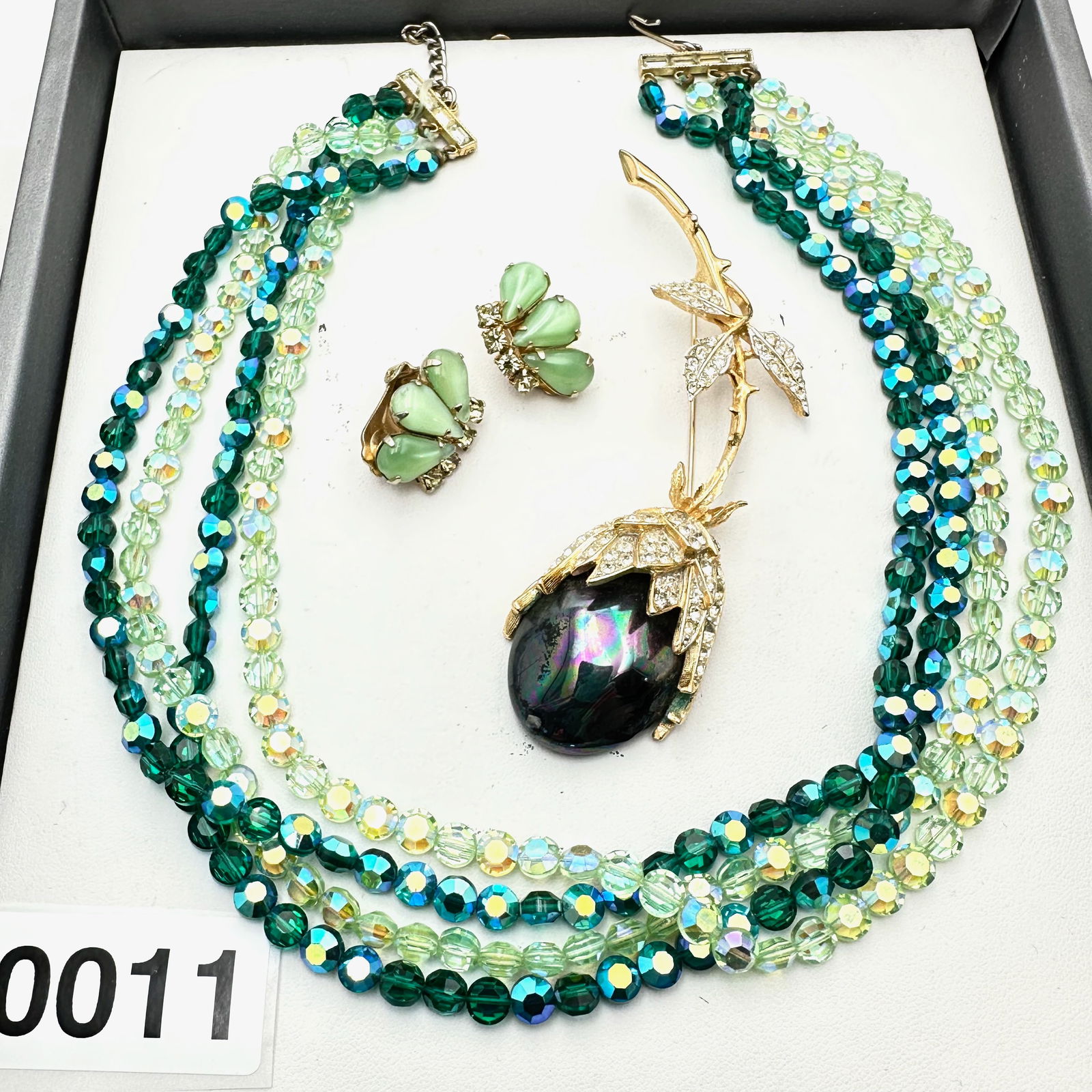 Jewelry Group Lot KJL Kenneth Jay Lane Flower Brooch Pin Green 4 Strand Aurora Borealis Necklace: Jewelry Group Lot KJL Kenneth Jay Lane Flower Brooch Pin Green 4 Strand Aurora Borealis Necklace Rhinestone Earrings