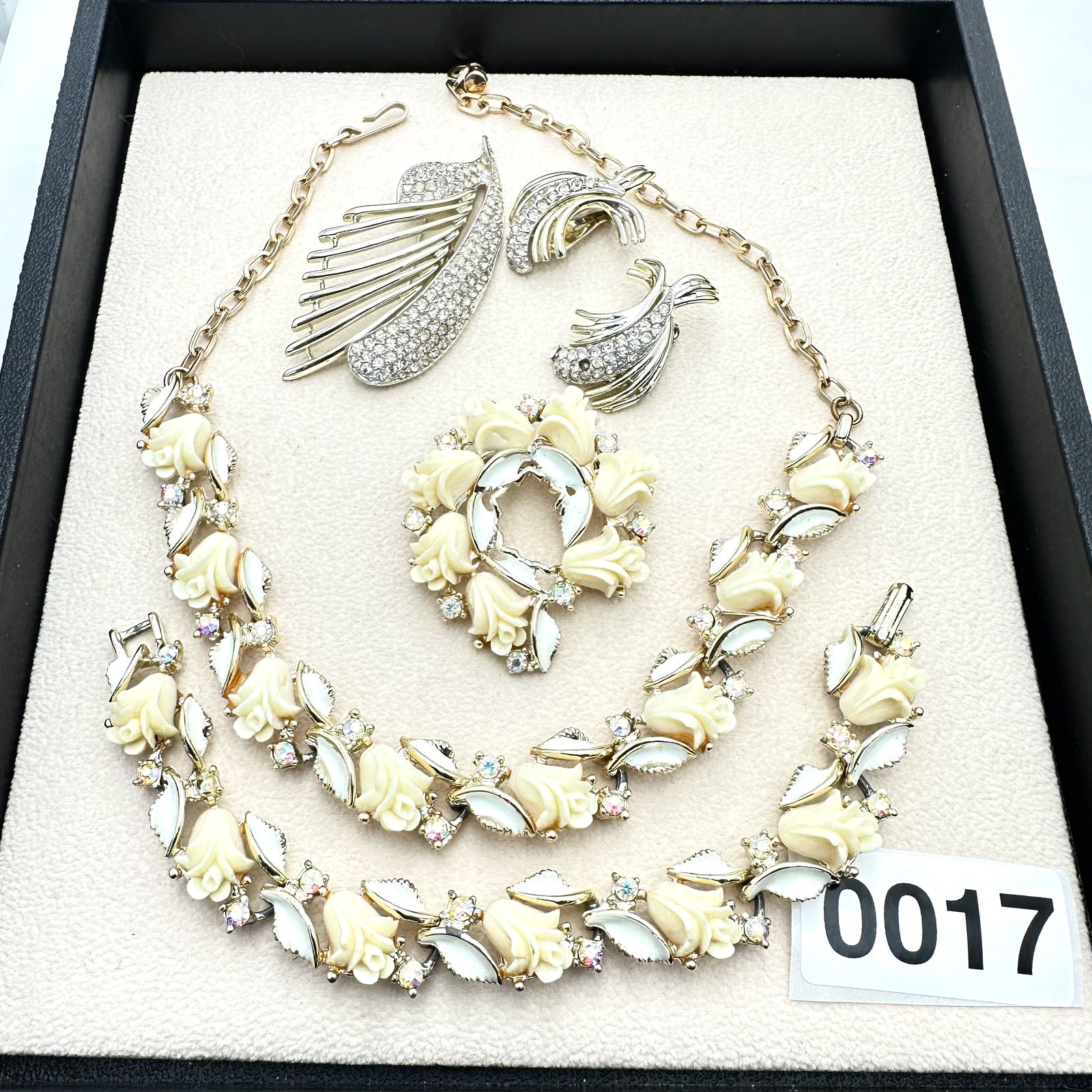 Jewelry Group Lot Two Vintage Sets Cream Rose Necklace Bracelet Brooch Clear Rhinestone Set (1 of 2)