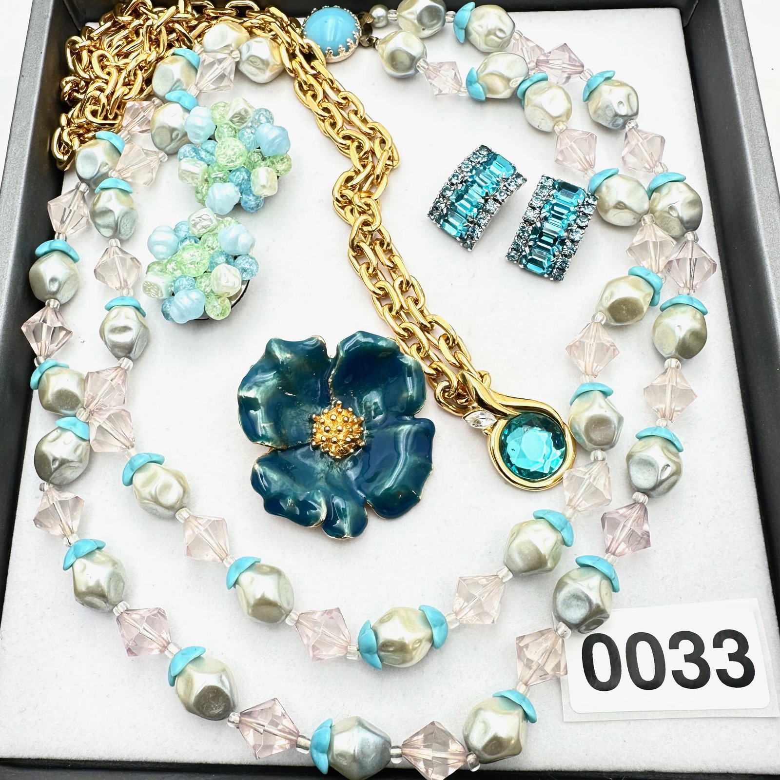 Jewelry Group Lot Vintage KJL Crystal Pendant Necklace Aqua Blue Rhinestone Silver Clip Earrings (1 of 2)