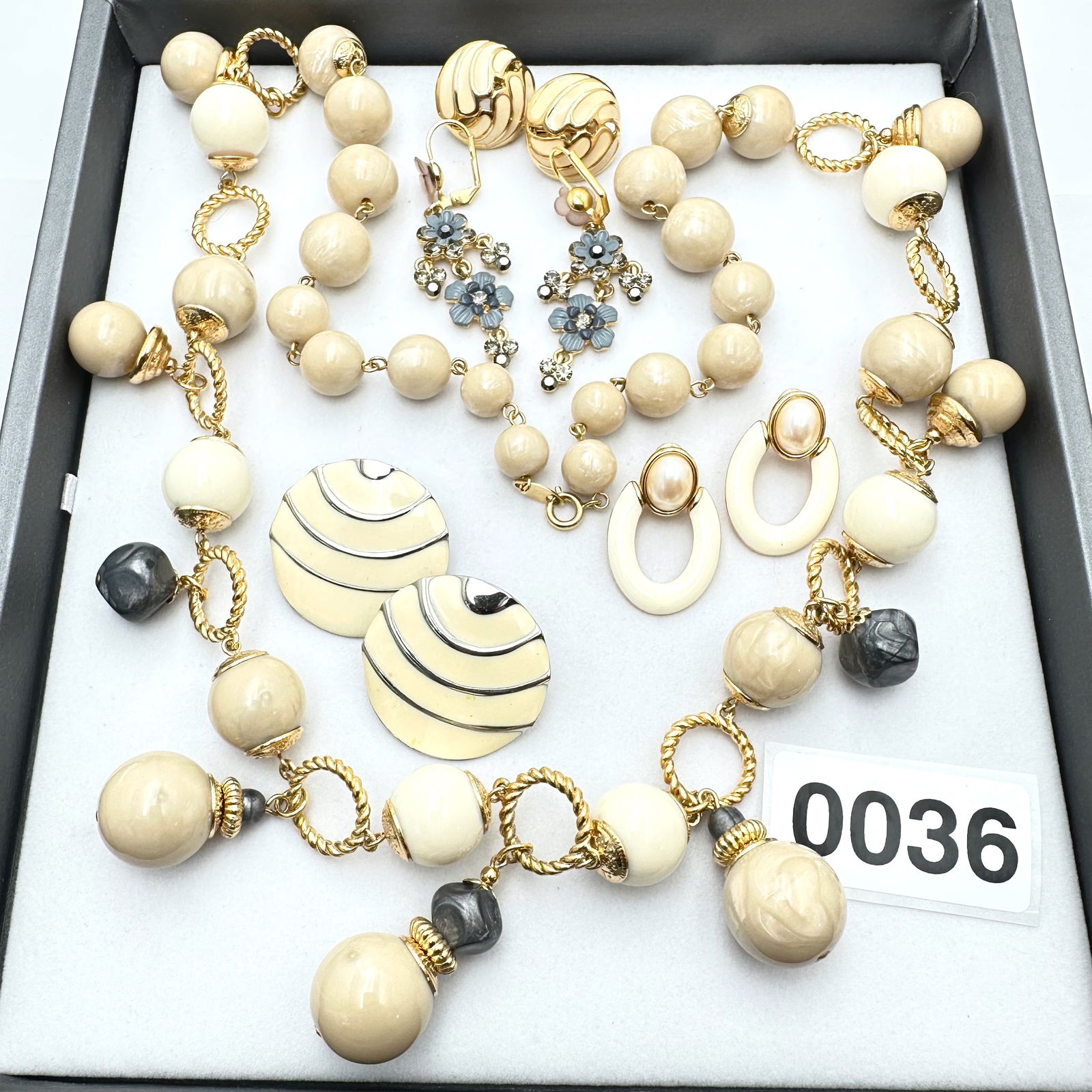 Jewelry Group Lot Vintage Trifari Cream and Grey Statement Necklace Napier Enamel Earrings (1 of 2)