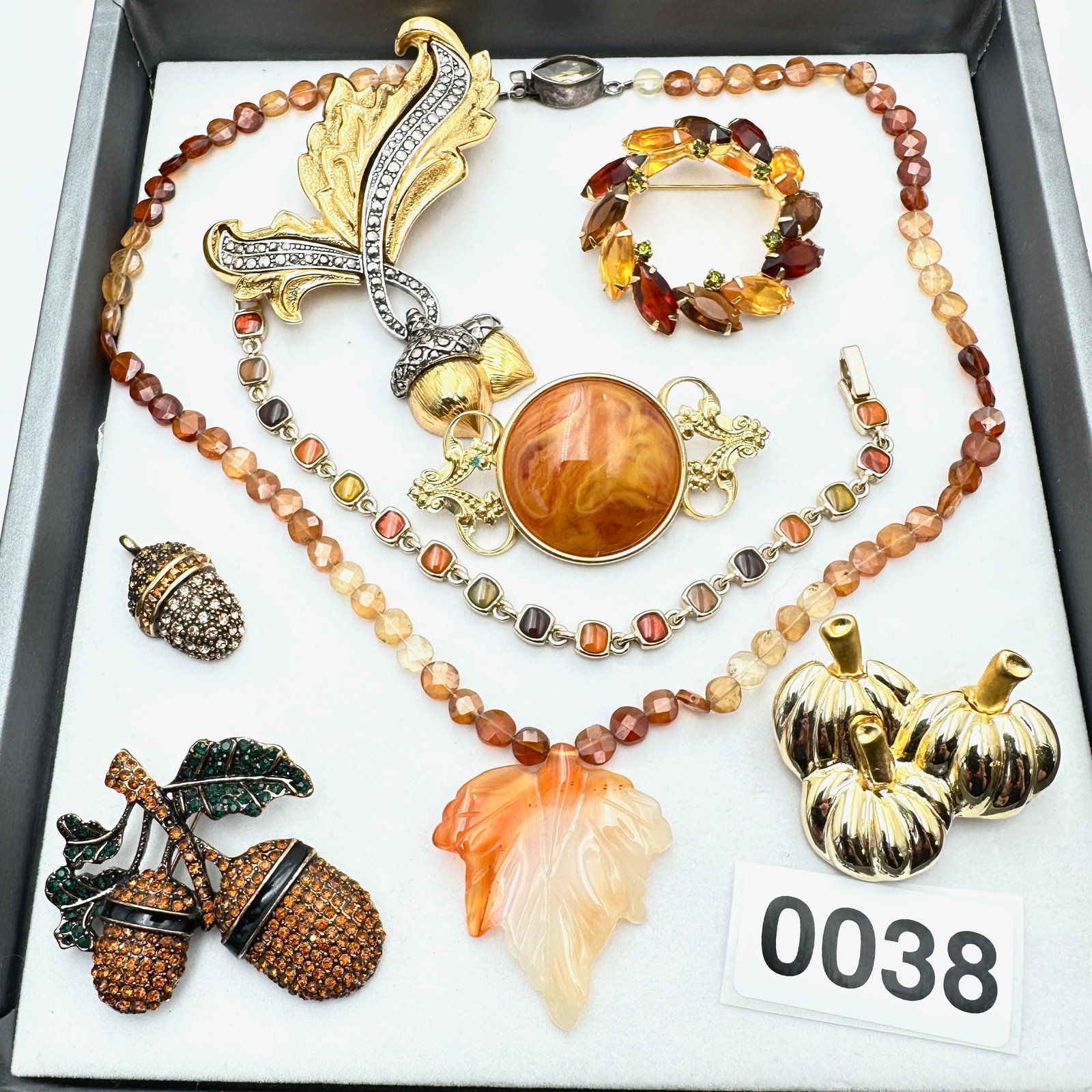 Jewelry Group Lot Vintage Fall Theme Crystal Brooches Rhinestone Pin Acorn Pumpkin Leaf Necklace (1 of 2)