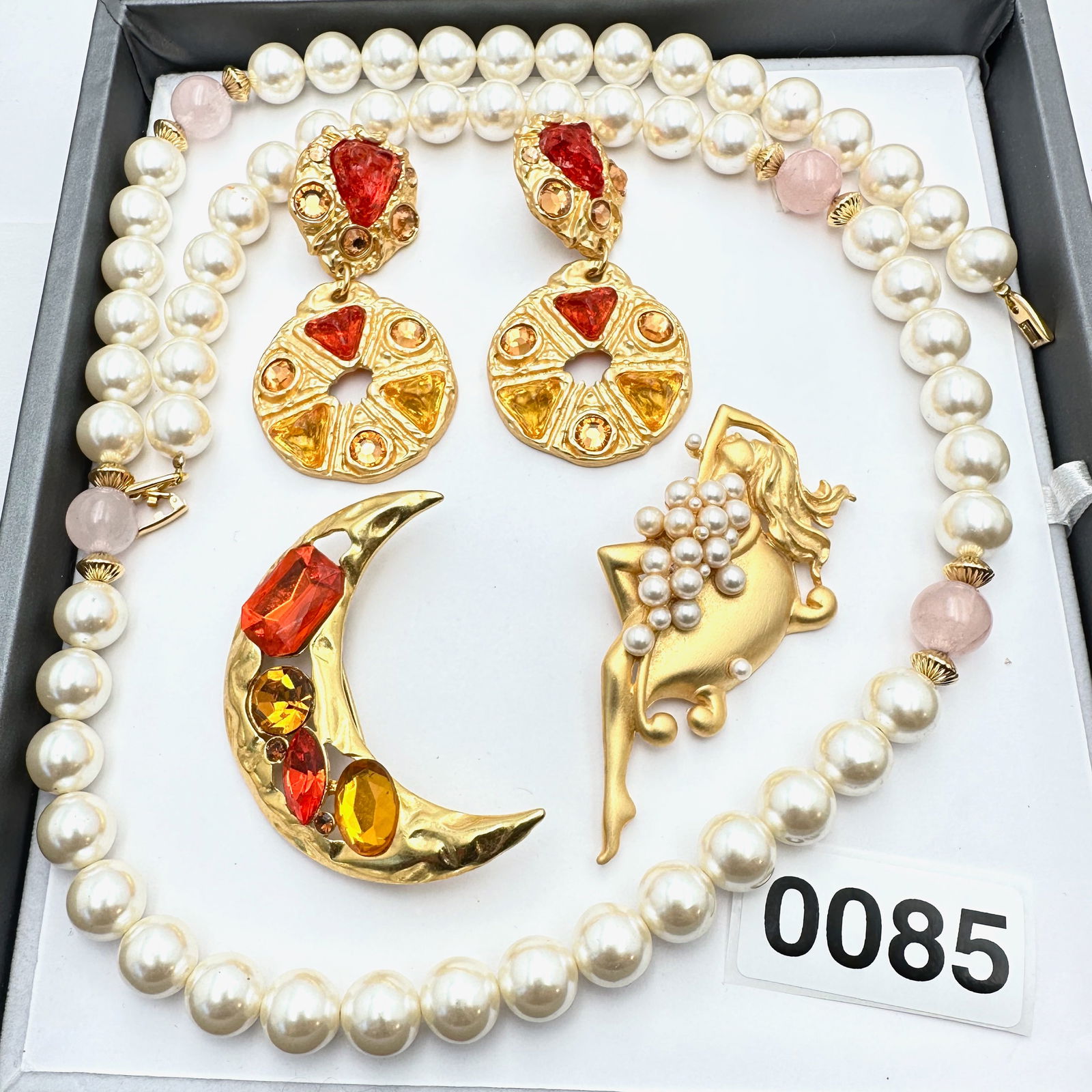 Jewelry Group Lot Vintage Napier Faux Pearl Necklace Moon Crystal Brooch Pin Pierced Statement (1 of 2)