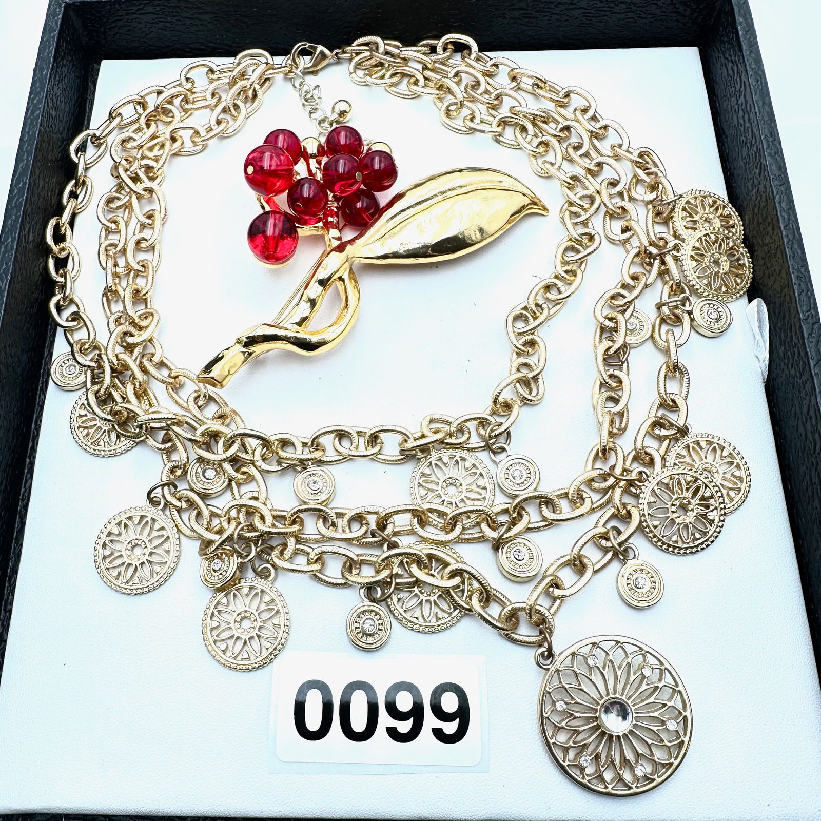 Jewelry Group Lot Three Strand Gold Tone Crystal Charm Necklace Large Red Statement Brooch Pin (1 of 2)