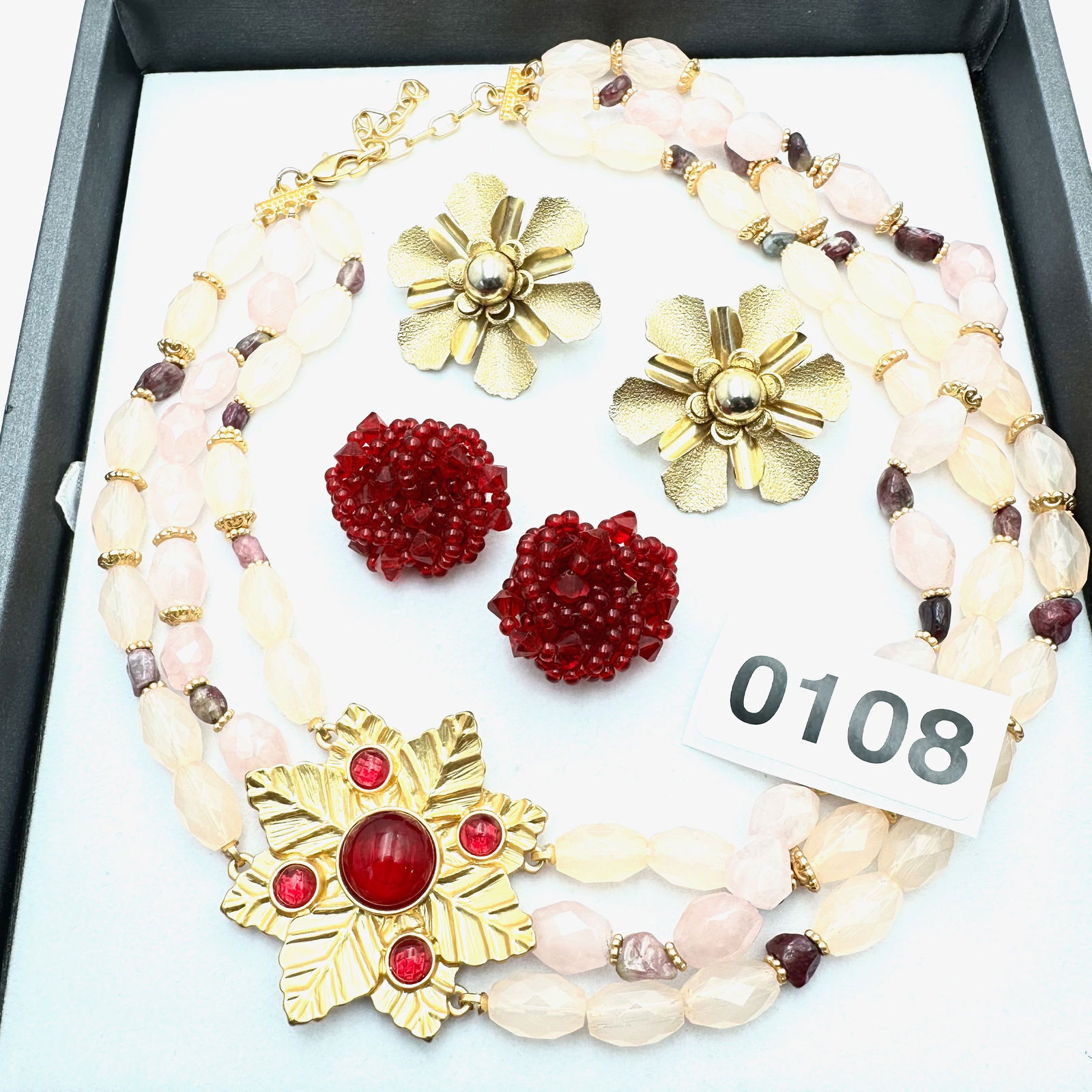 Jewelry Group Lot Multi Strand Pink Glass Necklace Coordinating Clip Earrings: Jewelry Group Lot Multi Strand Pink Glass Necklace Coordinating Clip Earrings