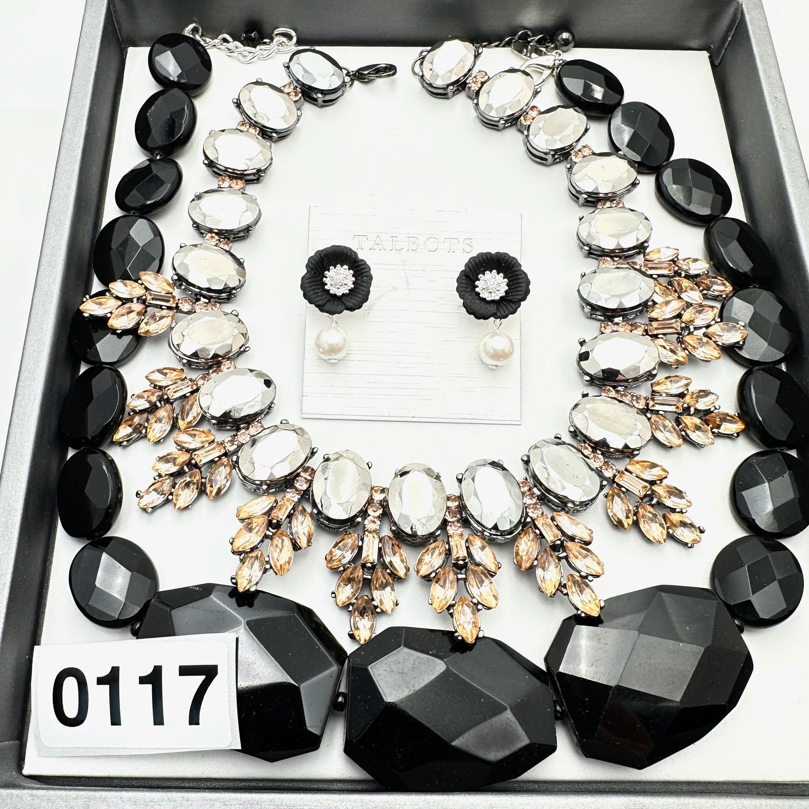 Jewelry Group Lot  Black Glass Necklace Crystal Statement Necklace Talbot Pierced Earrings (1 of 2)