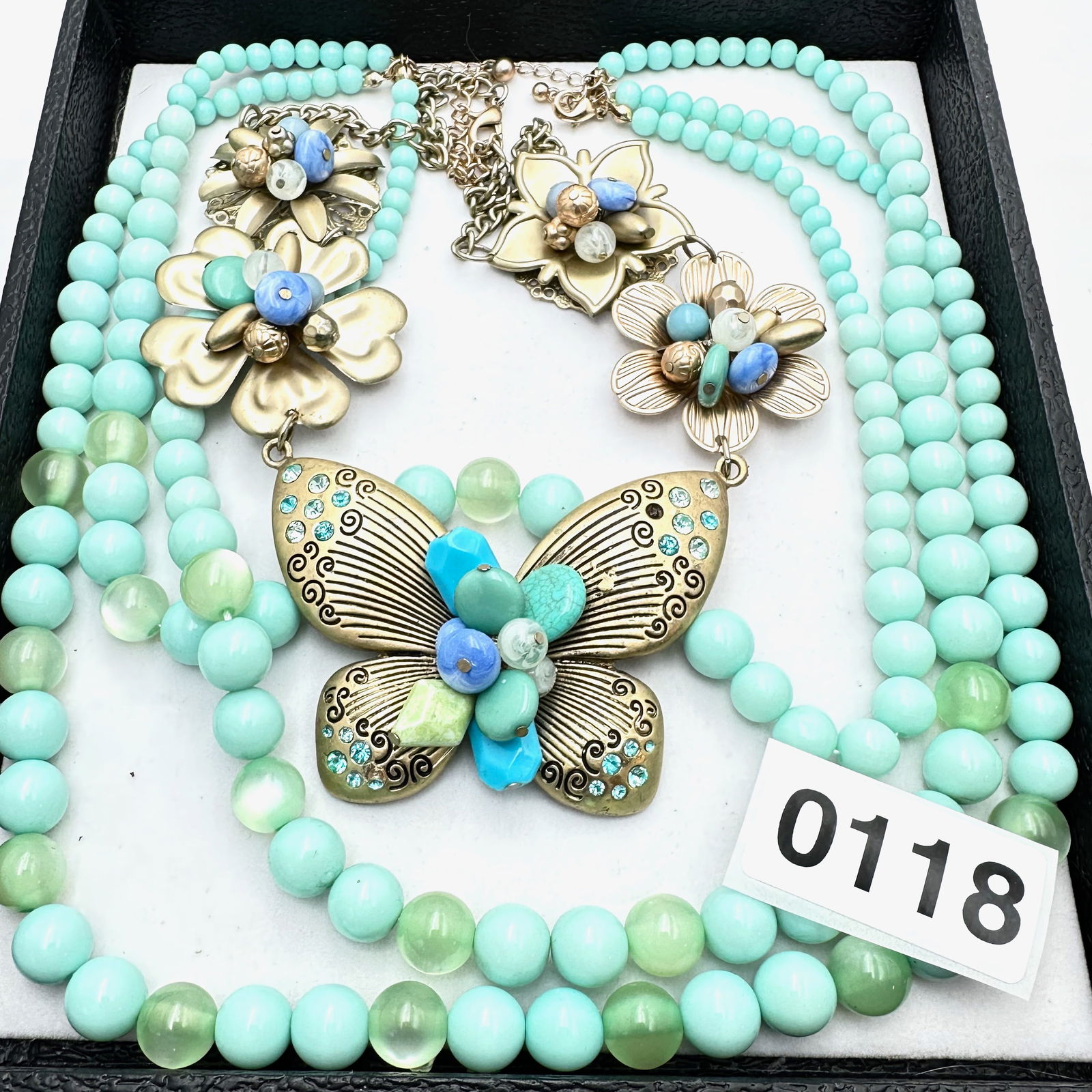 Jewelry Group Lot Aqua Blue Green Bead Necklace Butterfly Flower Design Necklace Gold Tone (1 of 2)