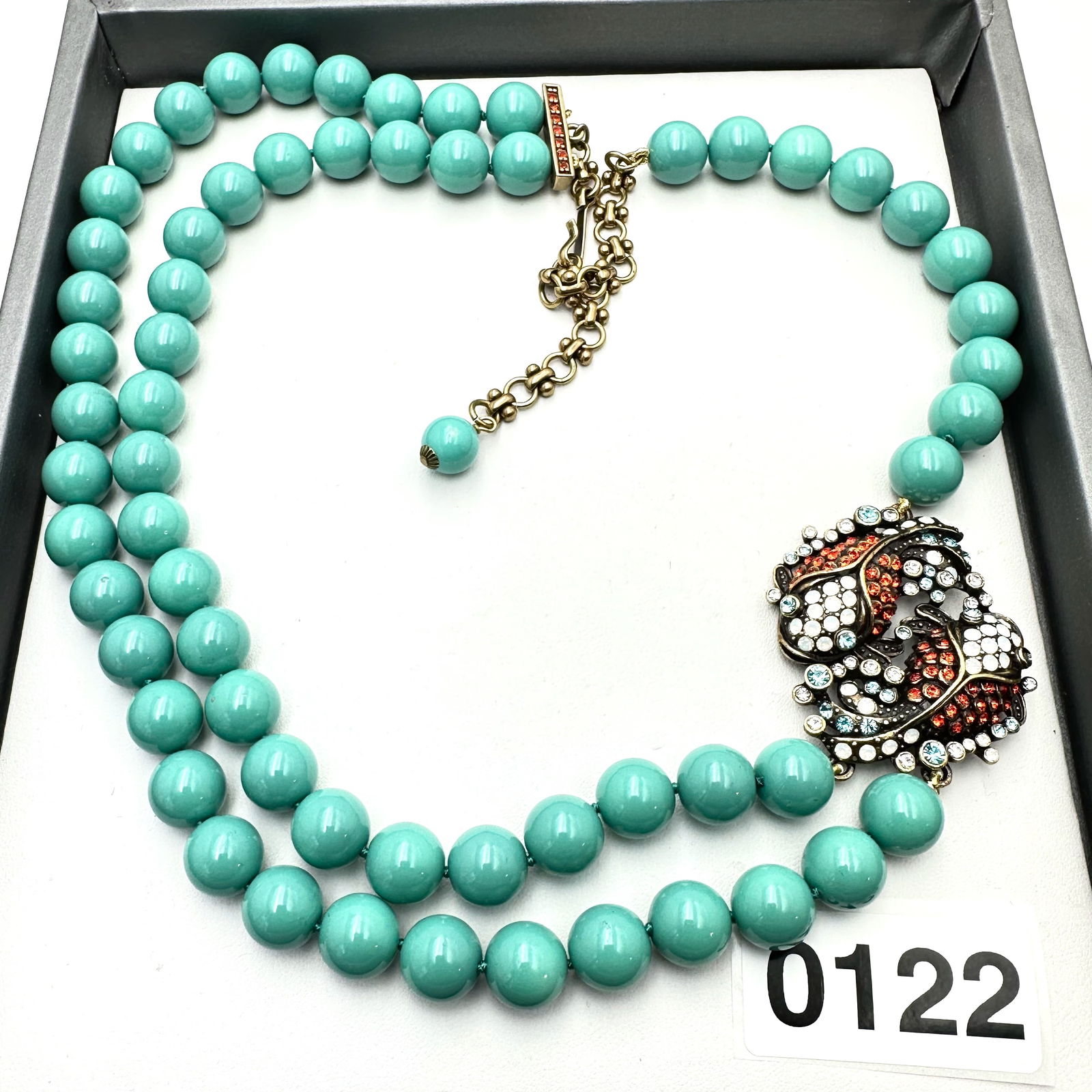 Heidi Daus Crystal Koi Fish Necklace Turquoise Blue Glass Beads Bronze Tone (1 of 2)