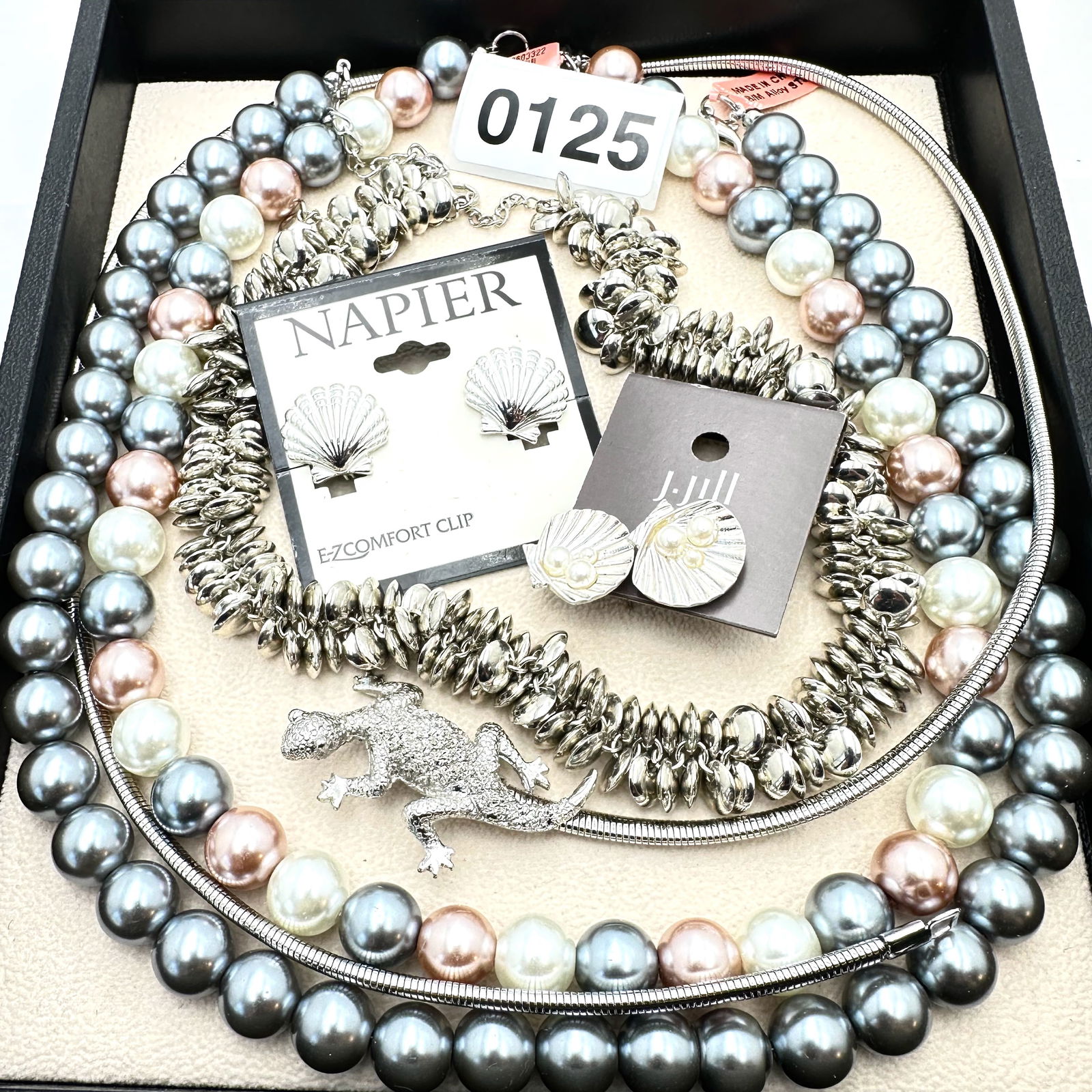 Jewelry Group Lot Vintage Napier Shell Earrings Faux Pearl Necklaces Silver Tone Lizard Clasp (1 of 2)