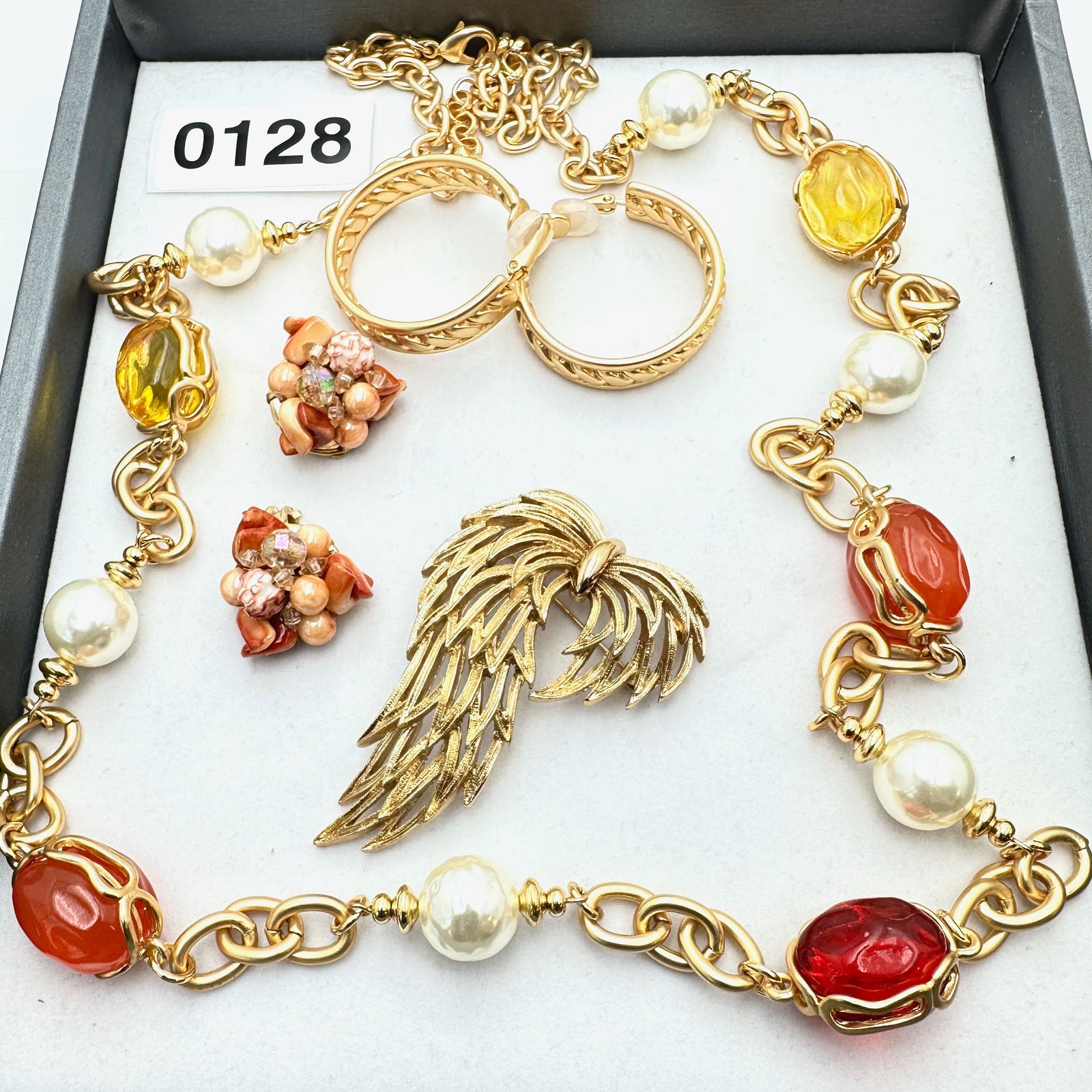 Jewelry Group Lot Vintage Monet Brooch Pin Gold Tone Clip Earrings Orange Yellow Station Necklace (1 of 2)