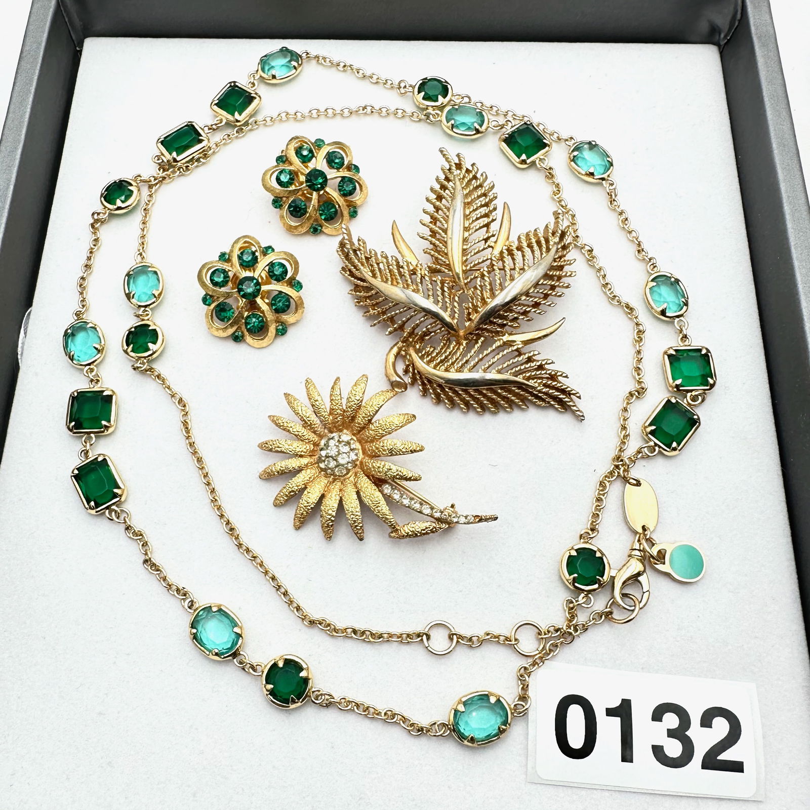 Jewelry Group Lot Green Crystal Necklace Green Rhinestone Clip Earrings Flower Brooch Pin (1 of 2)