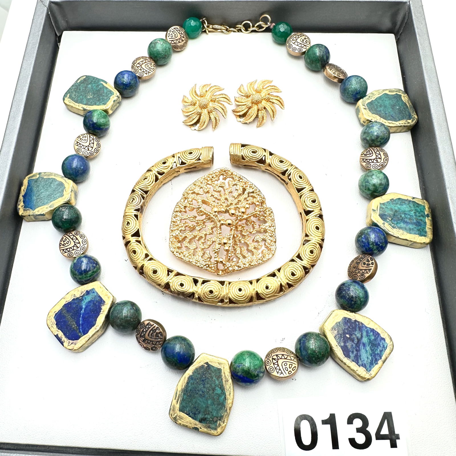 Jewelry Group Lot Natural Gemstone Necklace Filigree Bracelet Brooch Clip Earrings Gold Tone (1 of 2)