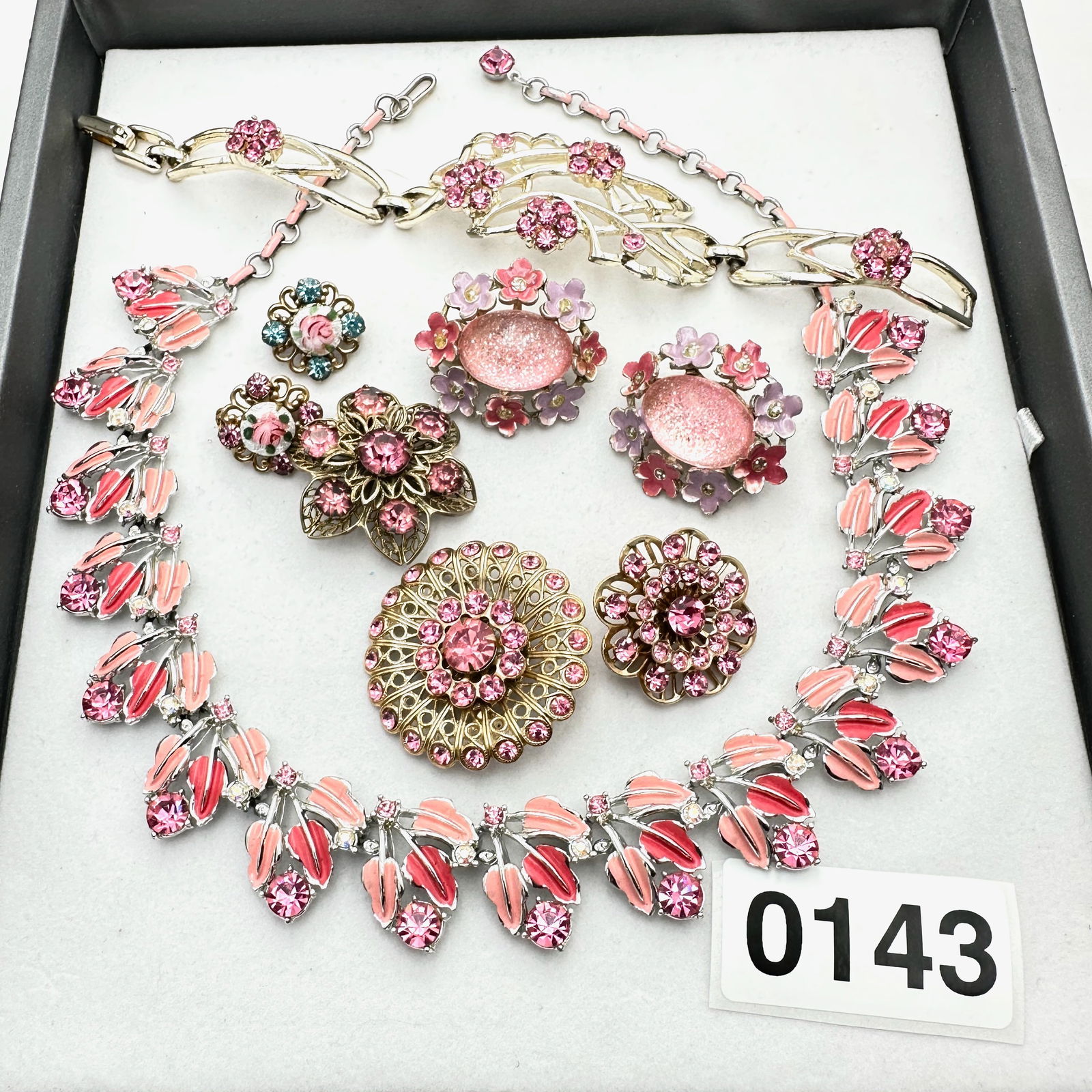 Jewelry Group Lot Pink Rhinestone Enamel Necklace Brooches Clip Earrings Bracelet: Jewelry Group Lot Pink Rhinestone Enamel Necklace Brooches Clip Earrings Bracelet