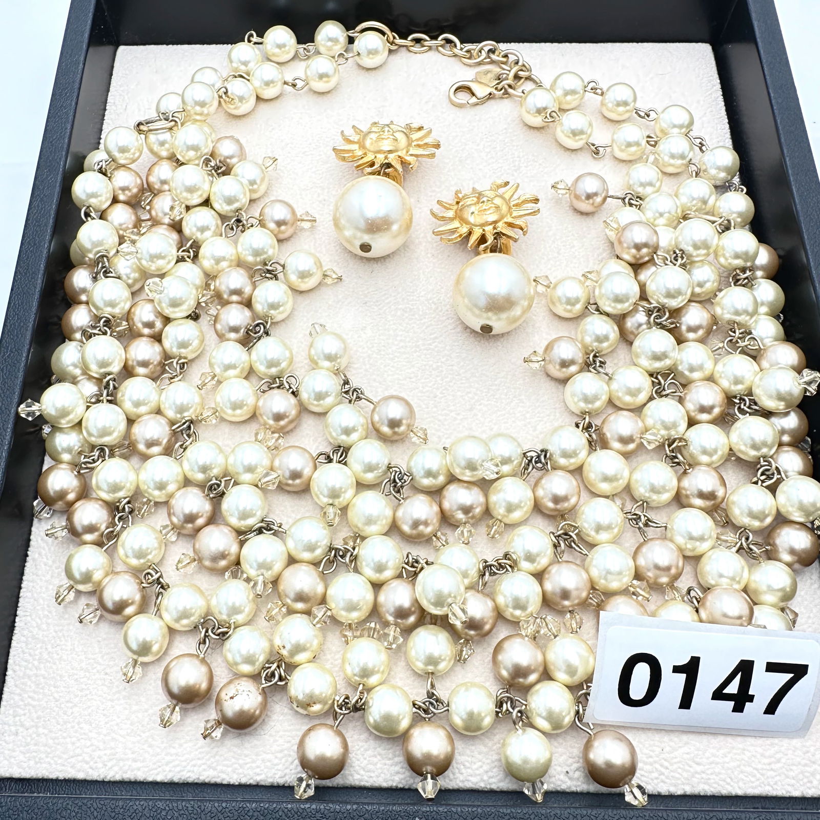 Jewelry Group Lot Multi Strand Faux Pearl Bib Statement Necklace Matte Gold Tone Sun Earrings (1 of 2)