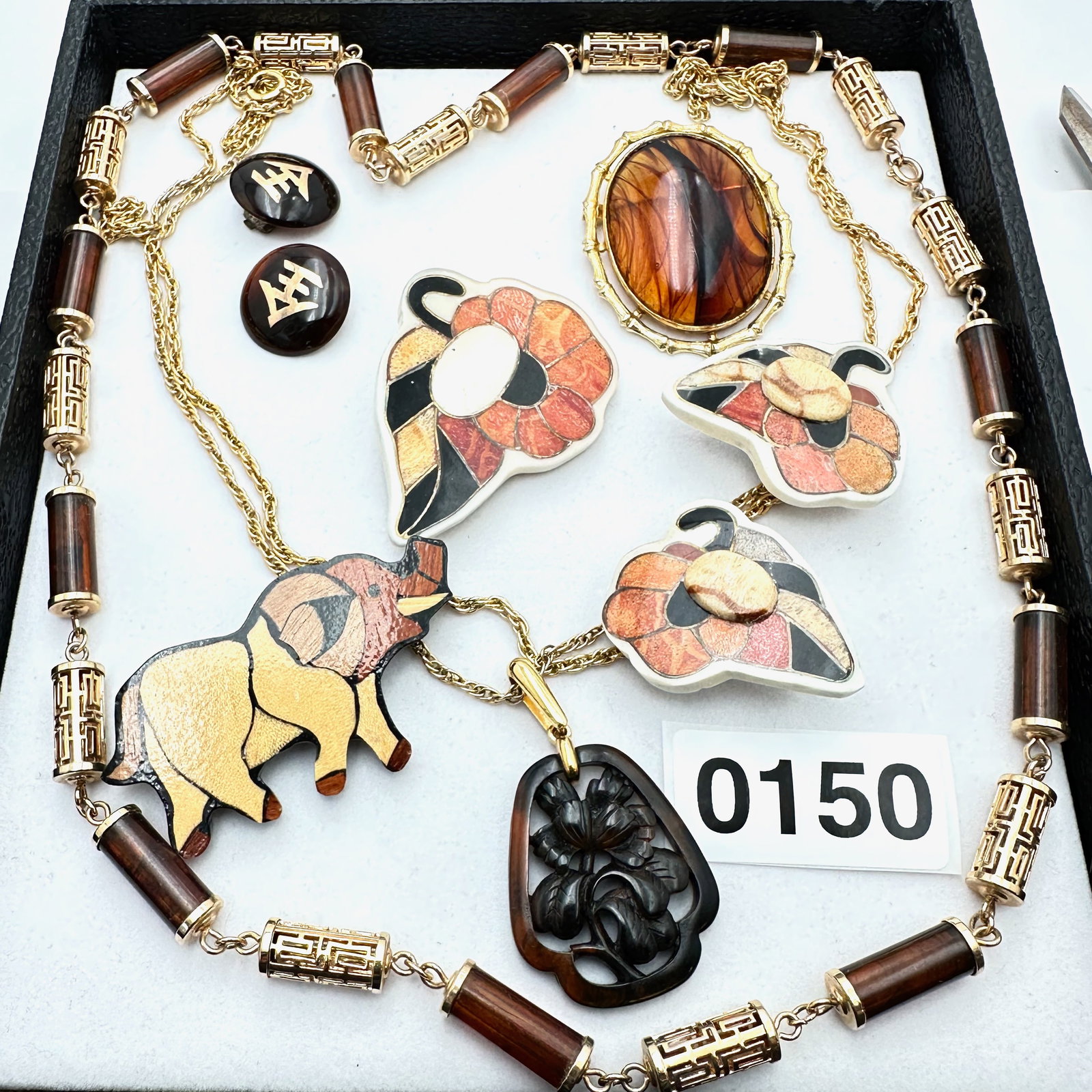 Jewelry Group Lot Vintage Asian Design Necklaces Earrings Inlay Gemstone Brooches Earrings Elephant: Jewelry Group Lot Vintage Asian Design Necklaces Earrings Inlay Gemstone Brooches Earrings Elephant