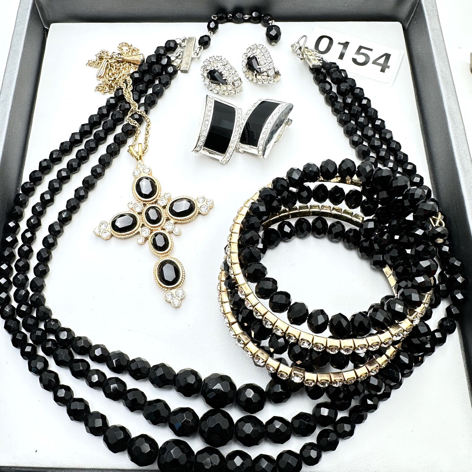 Jewelry Group Lot Vintage Black Glass necklace Coil Bracelet Rhinestone Clip Earrings Cross Necklace: Jewelry Group Lot Vintage Black Glass necklace Coil Bracelet Rhinestone Clip Earrings Cross Necklace