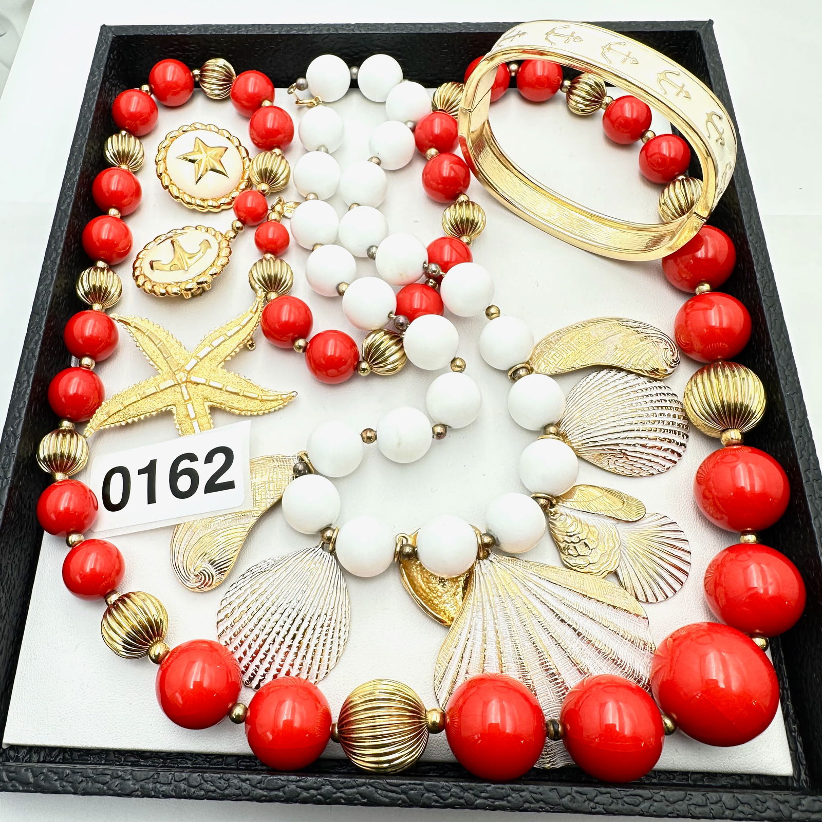 Jewelry Group Lot Vintage Francesca Visconti Red Necklace White Gold Shell Necklace Clip Earrings (1 of 2)