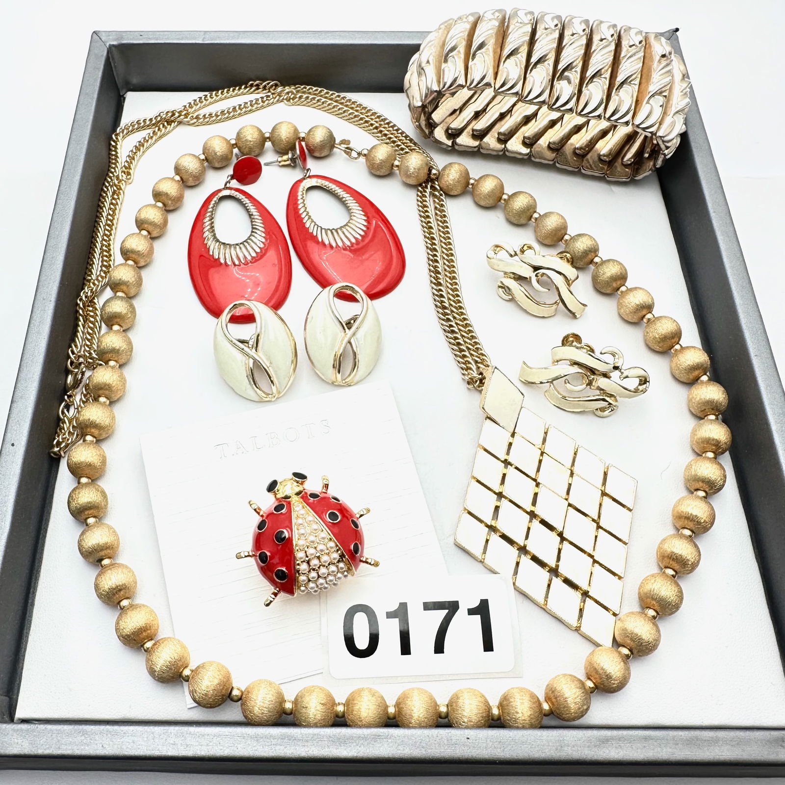 Jewelry Group Lot Vintage Red Cream Enamel Earrings Bracelet Necklaces Talbots Lady Bug Brooch Pin (1 of 2)