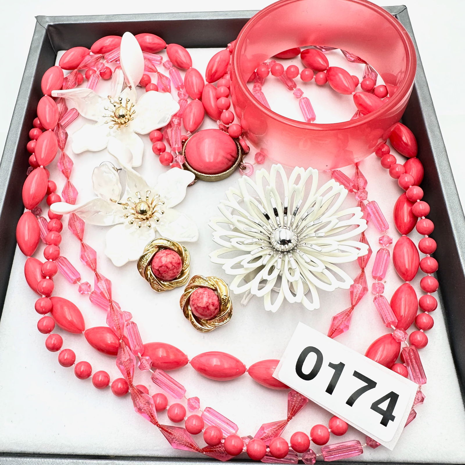 Jewelry Group Lot Vintage Bright Pink Multi Strand Necklace Sarah Coventry Flower Brooch Wide Bangle (1 of 2)