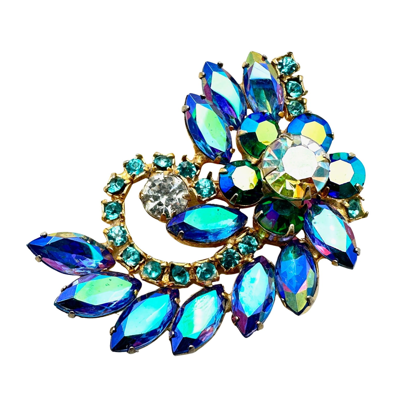 Vintage Juliana Bright Blue Aurora Borealis Glass Rhinestone Gold Tone Brooch Pin 2.5 Inch (1 of 2)