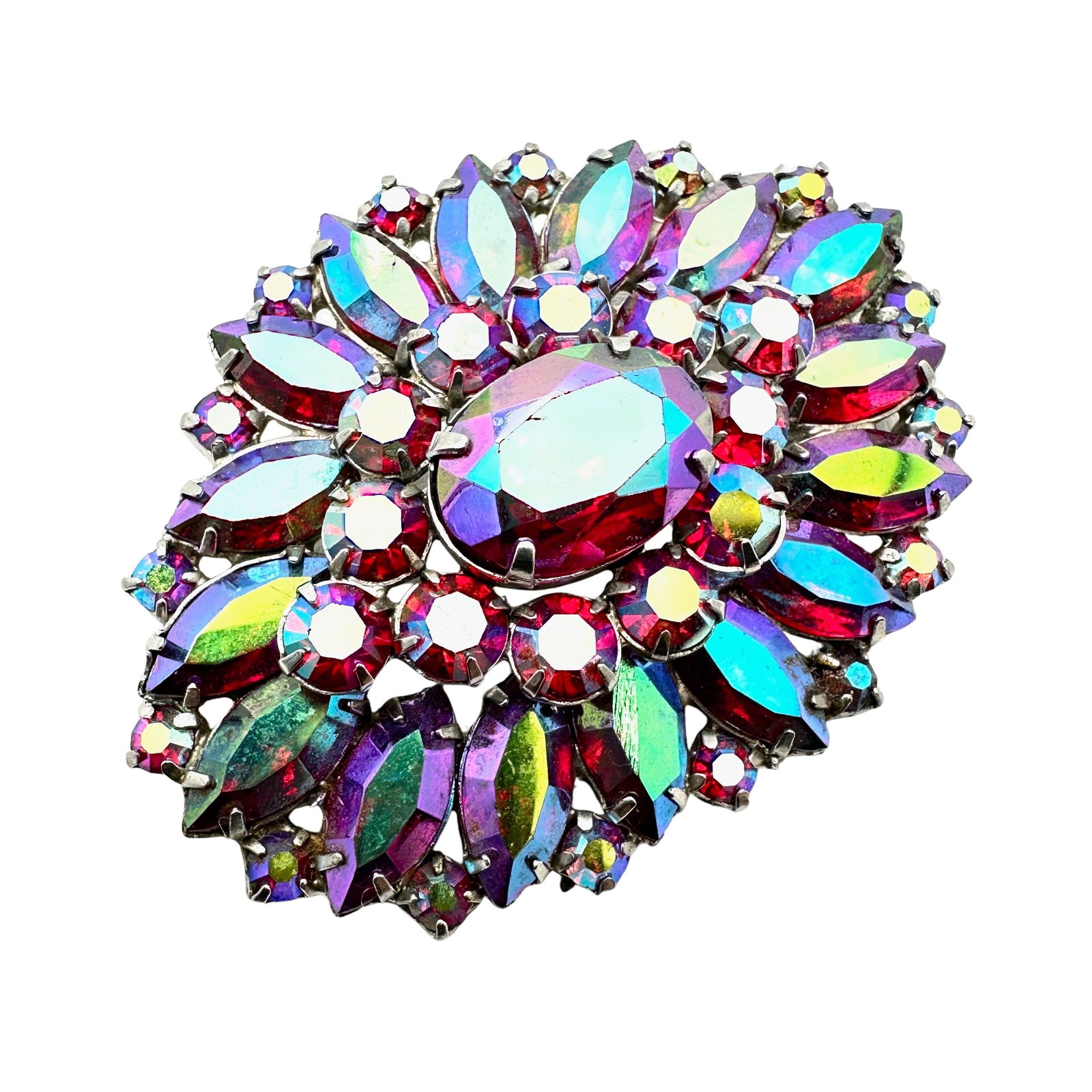 Vintage Juliana Red Aurora Borealis Glass Rhinestone Silver Tone Brooch Pin 2.5 Inch (1 of 2)